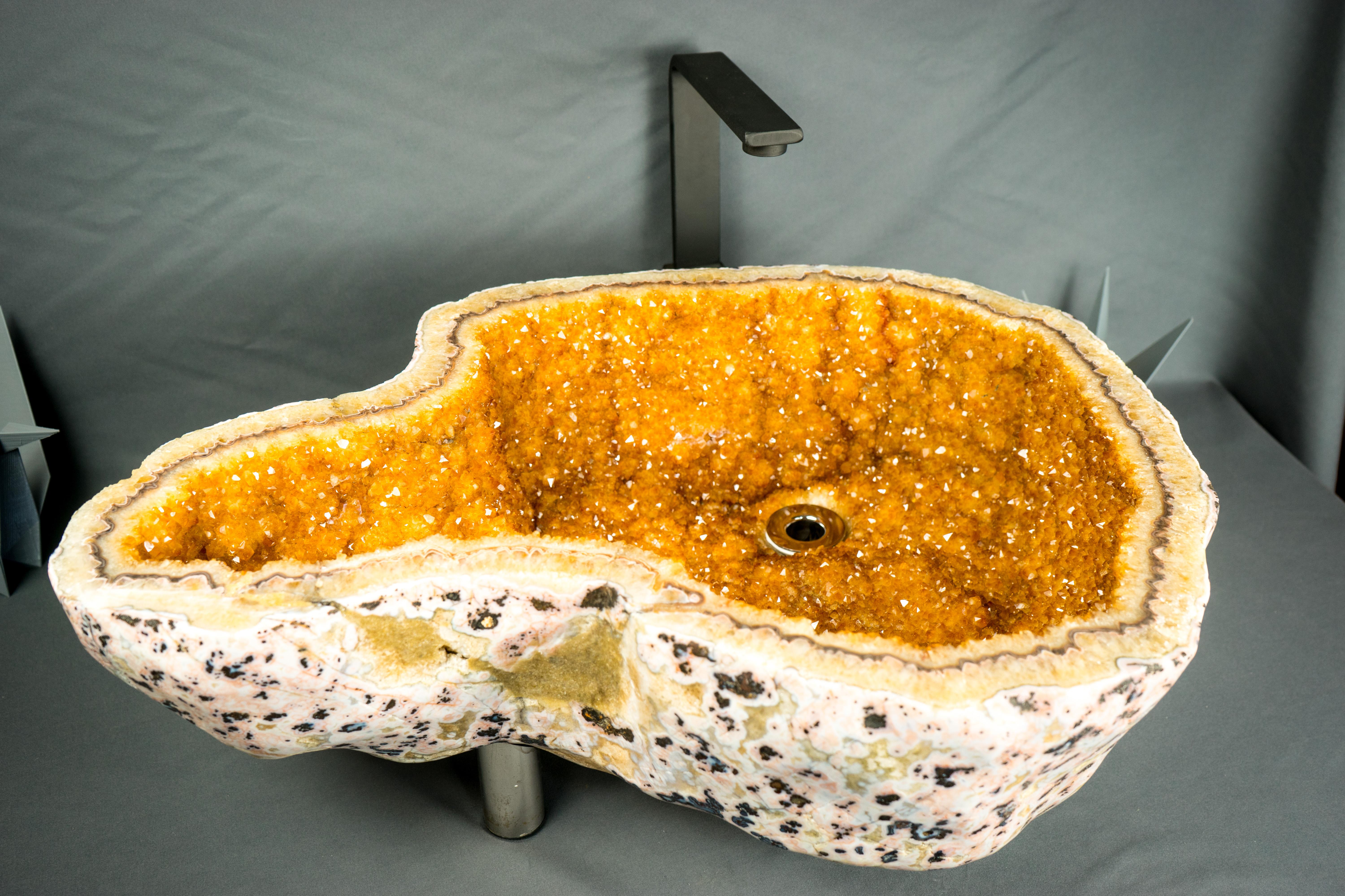 Fregadero de Geoda de Citrino Natural con Cristales de Druzy, Lavabo, Fregadero de Piedra de Lujo en venta 8