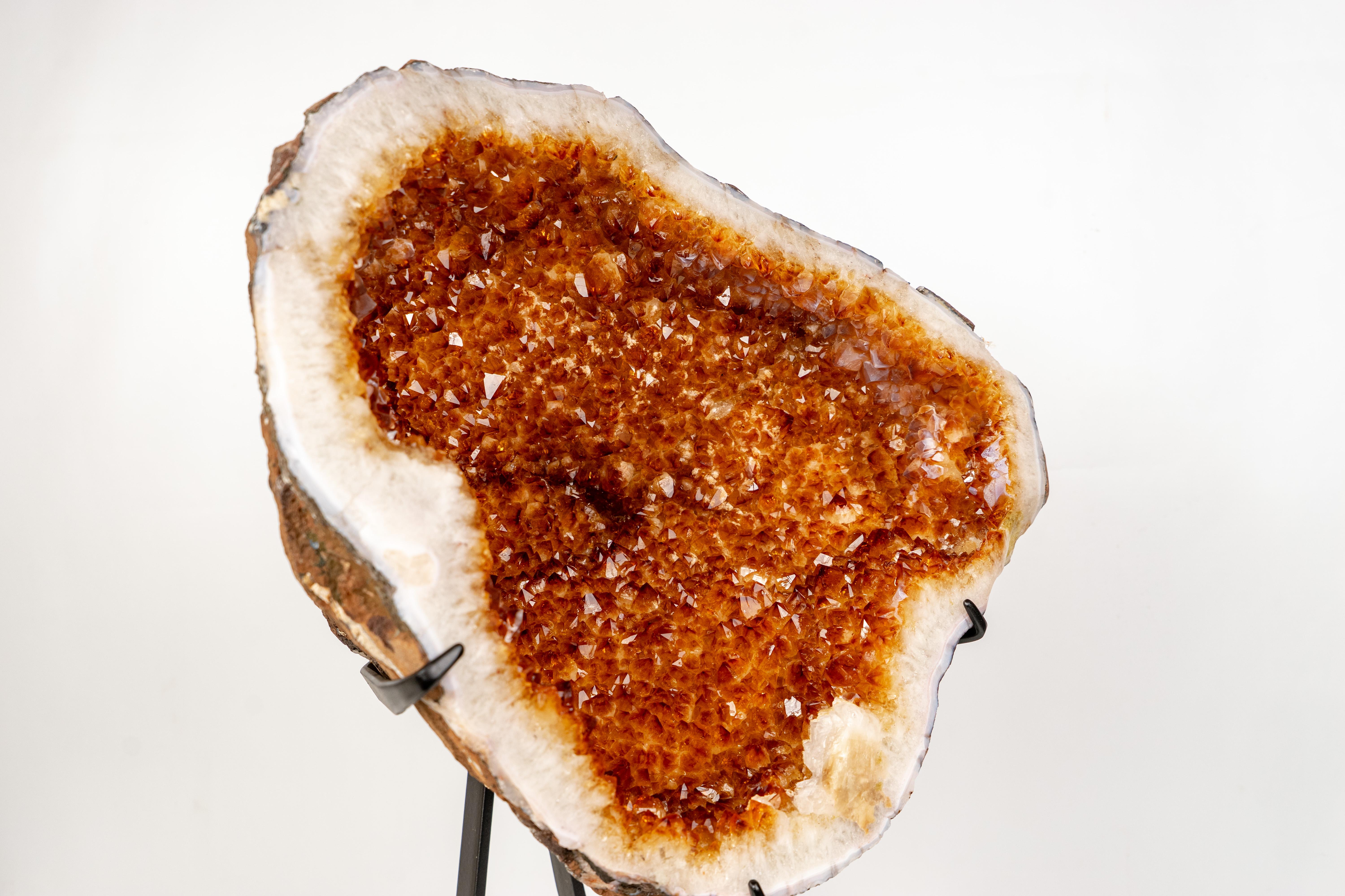 Superb Citrine Geode with Rare Madeira Orange Citrine Druzy

▫️ Description

This rare Citrine Geode features an exceptional aesthetic formation, displaying perfectly formed, brilliant madeira crystal points and a sculptural structure. It’s a bold