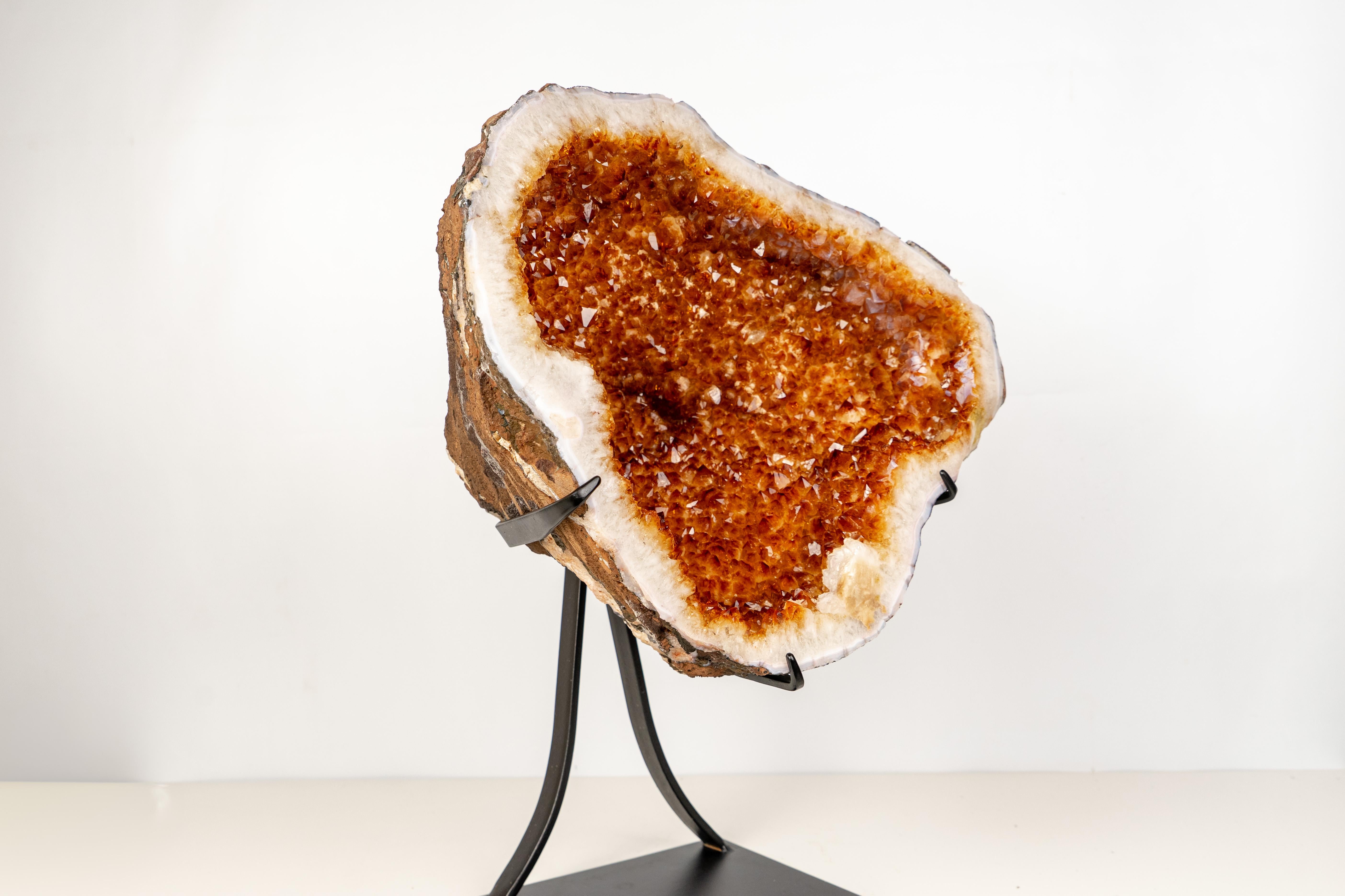 Brazilian Natural Citrine Geode with Madeira Orange Crystals on a Custom-Made Stand For Sale