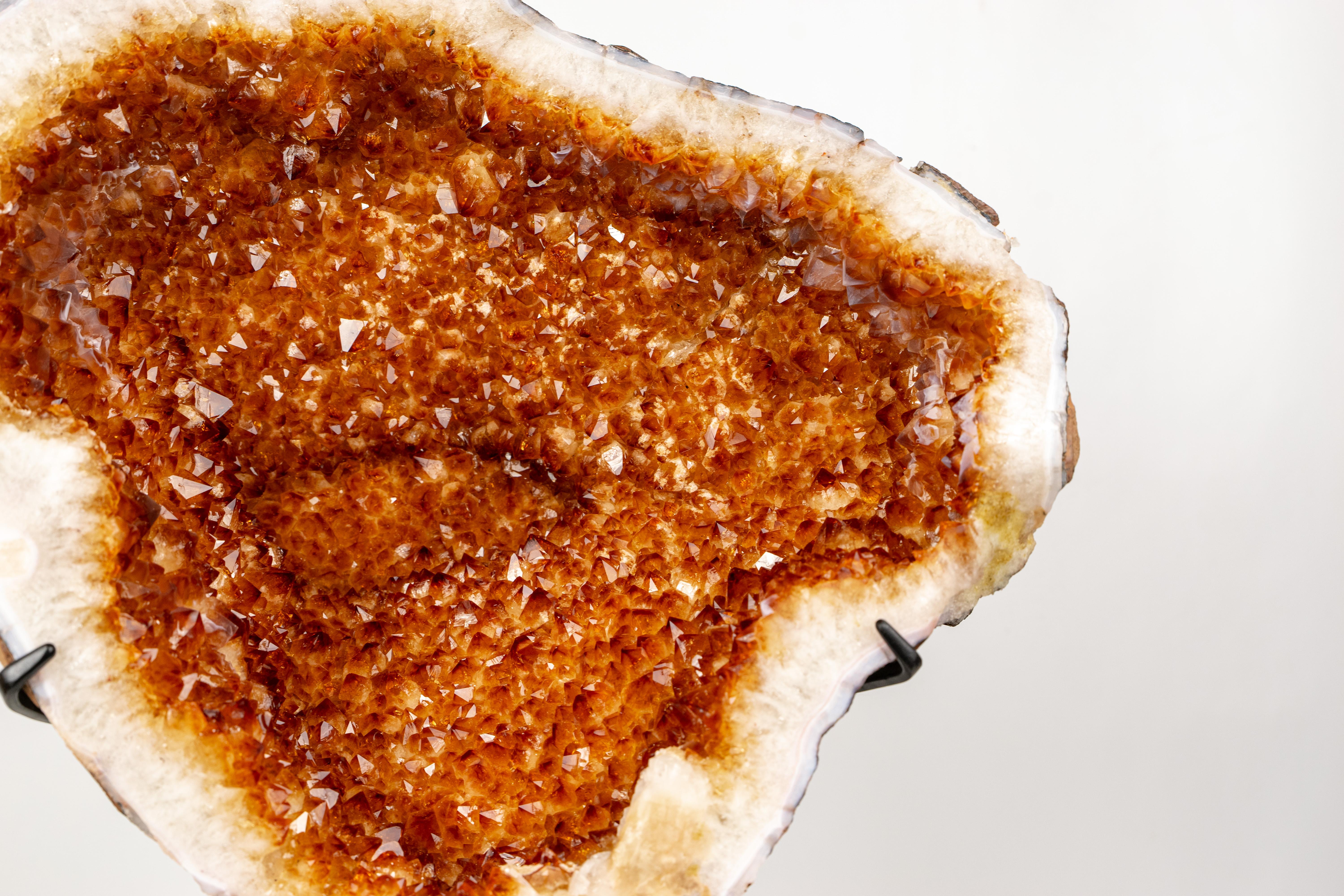 Contemporary Natural Citrine Geode with Madeira Orange Crystals on a Custom-Made Stand For Sale