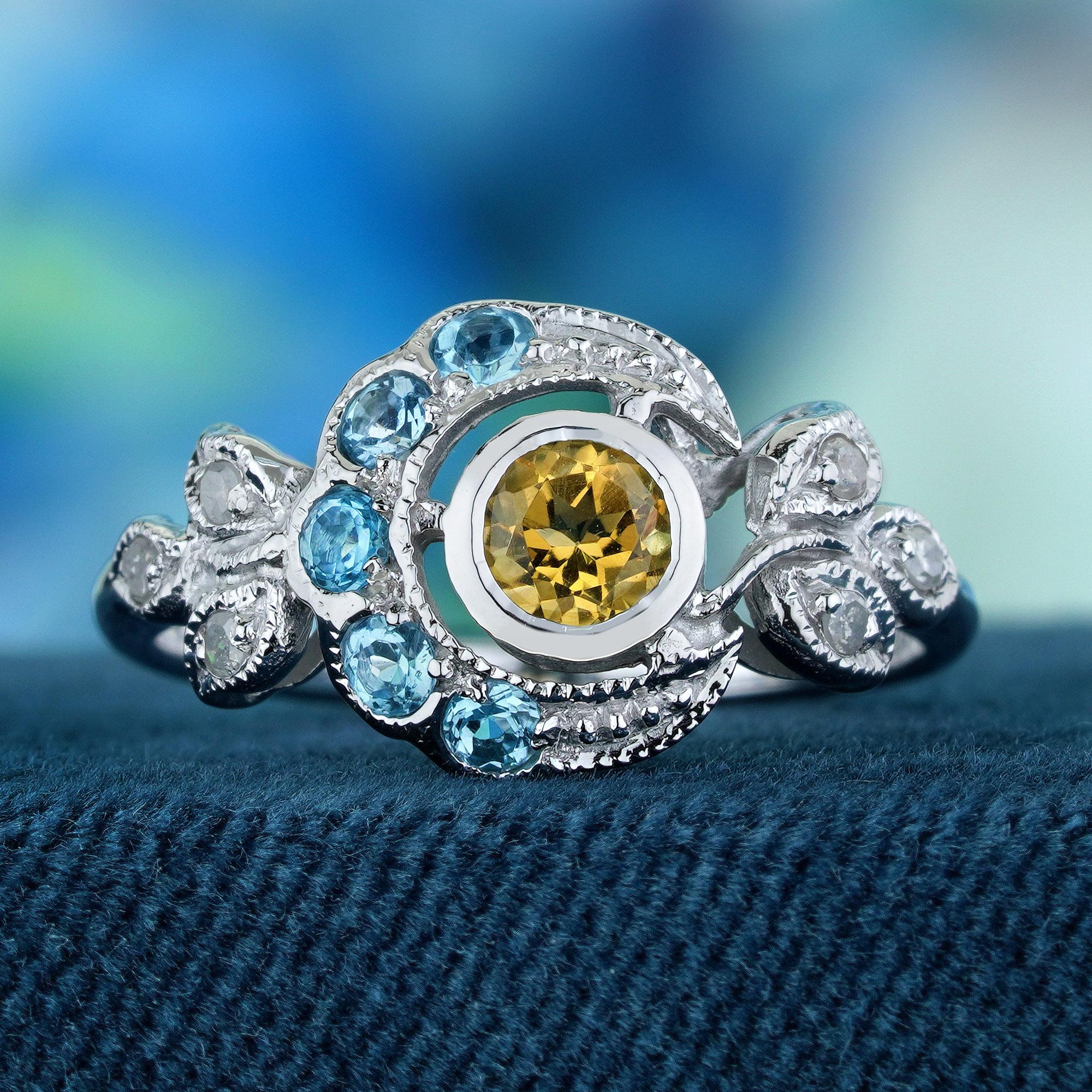 Dieser Ring im Vintage-Stil verströmt einen fesselnden Charme, der an himmlische Schönheit erinnert. Er ist aus Weißgold gefertigt und verleiht dem Schmuckstück Wärme und Eleganz. Im Mittelpunkt steht ein natürlicher Citrin im Rundschliff, der einen