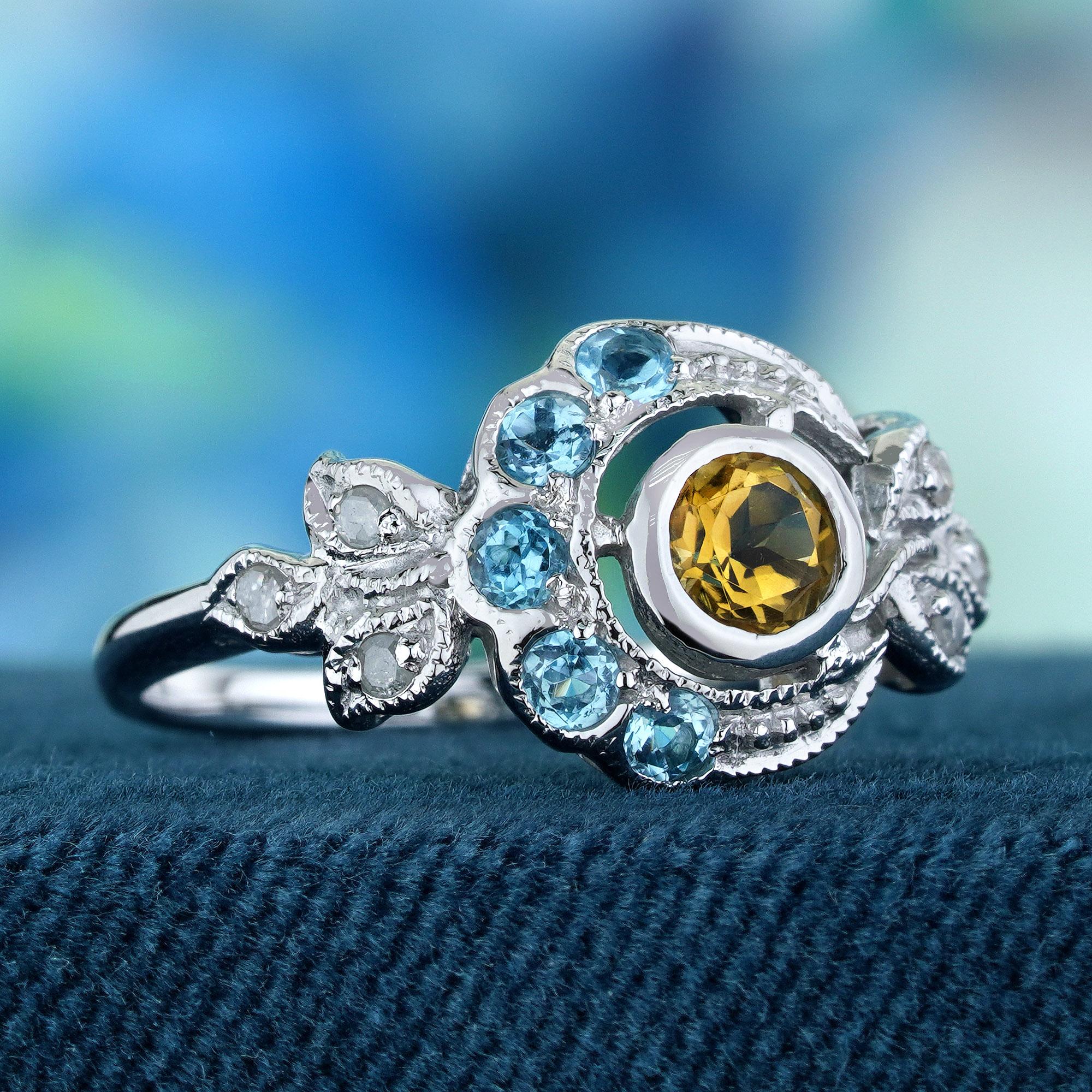 Natürlicher natürlicher Citrin London Blauer Topas Diamantring aus massivem 9K Weißgold (Edwardian) im Angebot