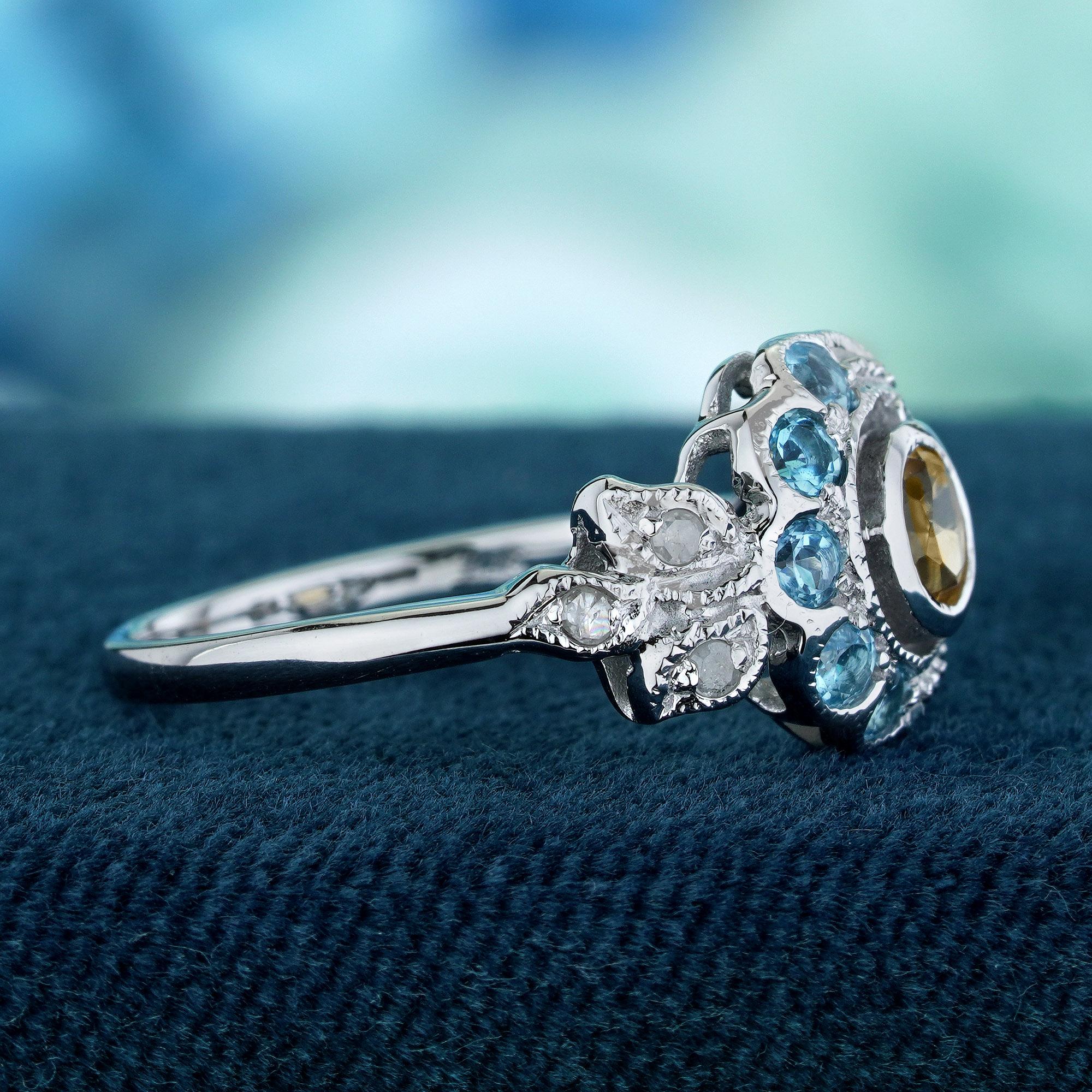 Natürlicher natürlicher Citrin London Blauer Topas Diamantring aus massivem 9K Weißgold (Rundschliff) im Angebot