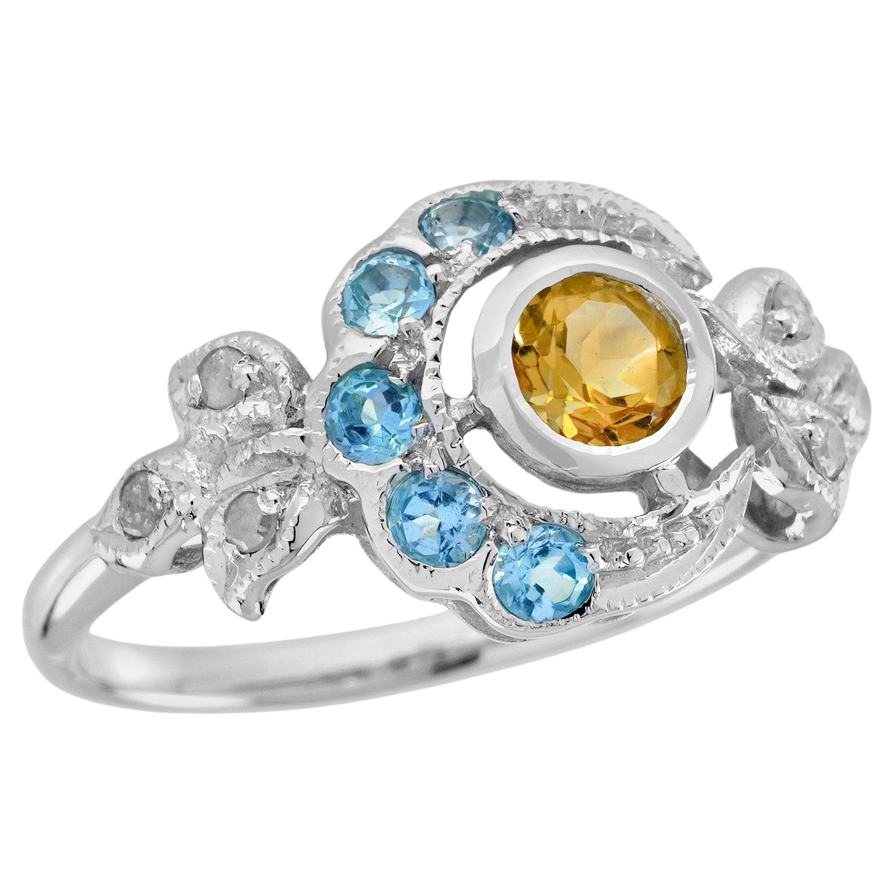 Natural Citrine London Blue Topaz Diamond Ring in Solid 9K White Gold