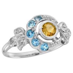Bague London Blue Topaz Diamond en or blanc massif 9 carats avec citrine naturelle