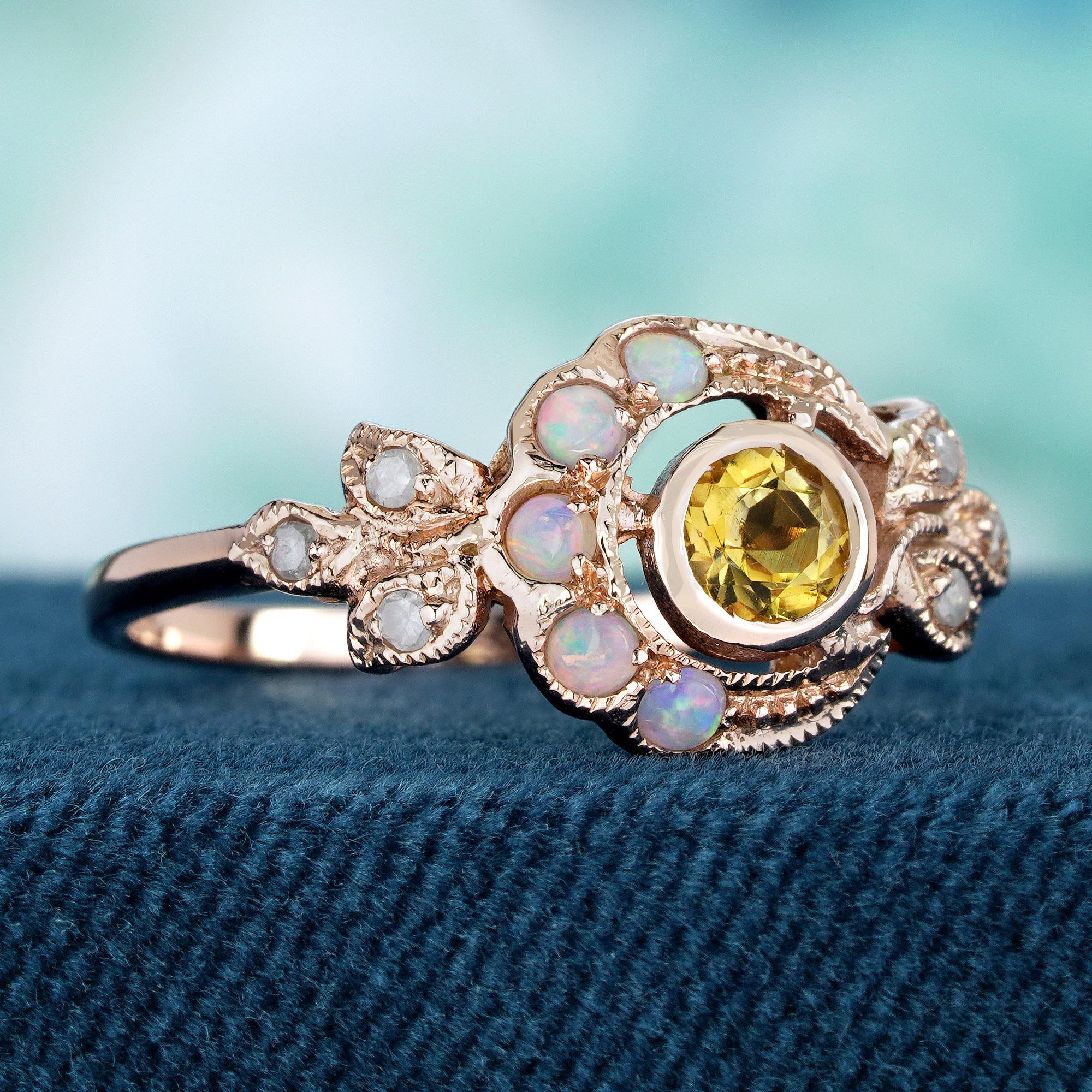This vintage-inspired ring exudes a captivating charm reminiscent of celestial beauty crafted in rose gold to add warmth and elegance to the piece. The central feature is a round-cut natural citrine, emanating a radiant, sunny yellow glow.