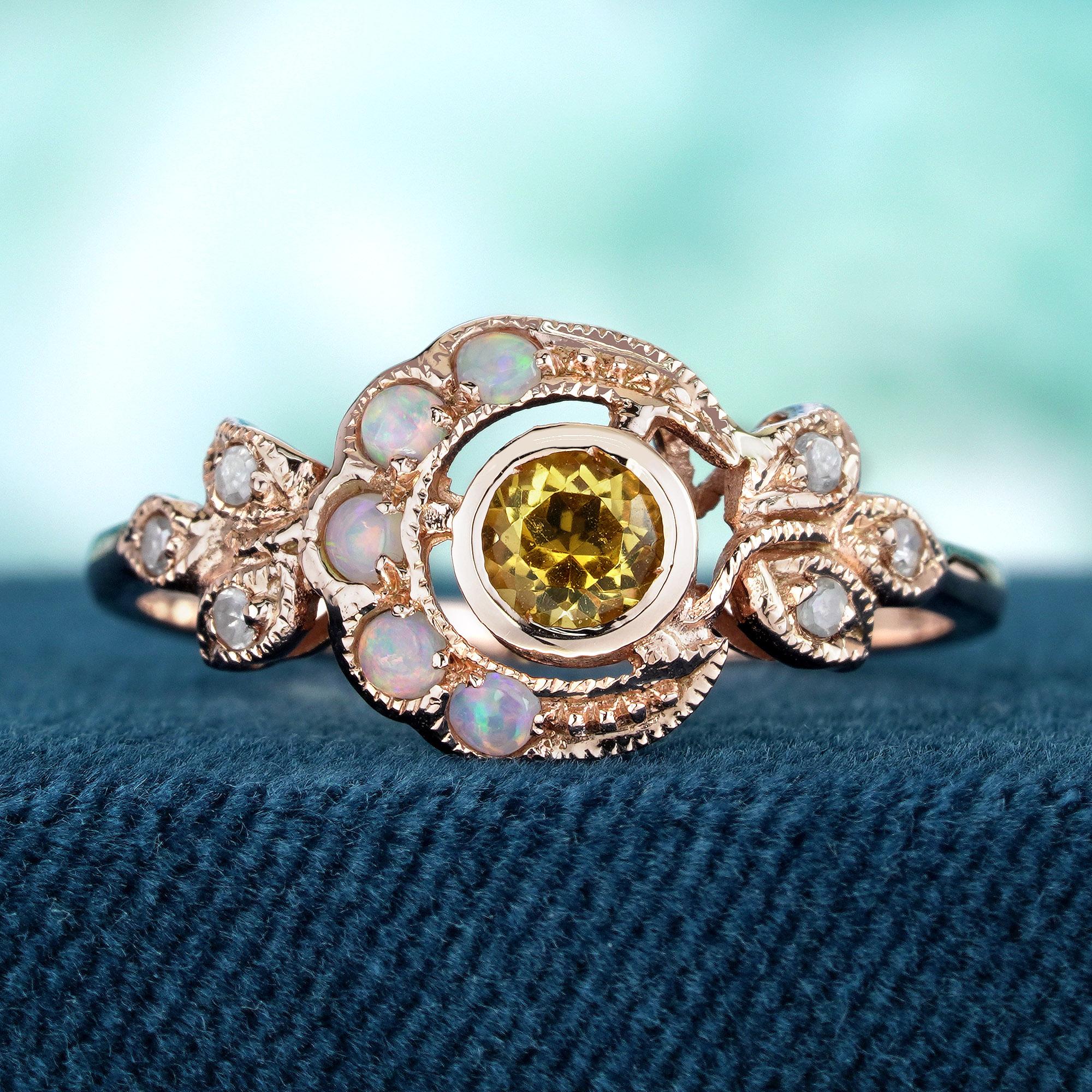 Edwardian Natural Citrine Opal Diamond Vintage Style Moon Ring in Solid 9K Rose Gold For Sale