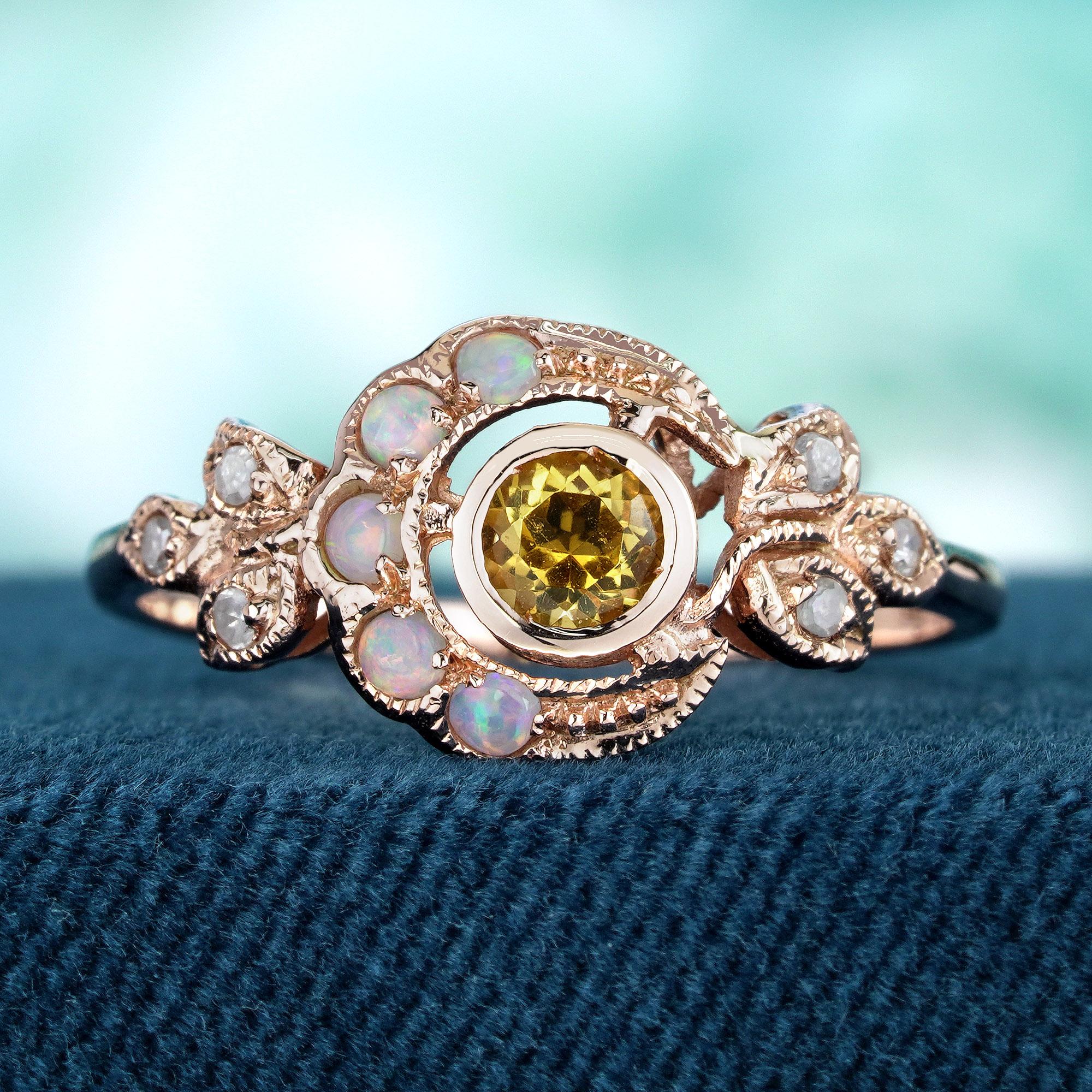 Natürlicher Citrin Opal Diamant Vintage Style Mond Ring in massivem 9K Rose Gold (Edwardian)