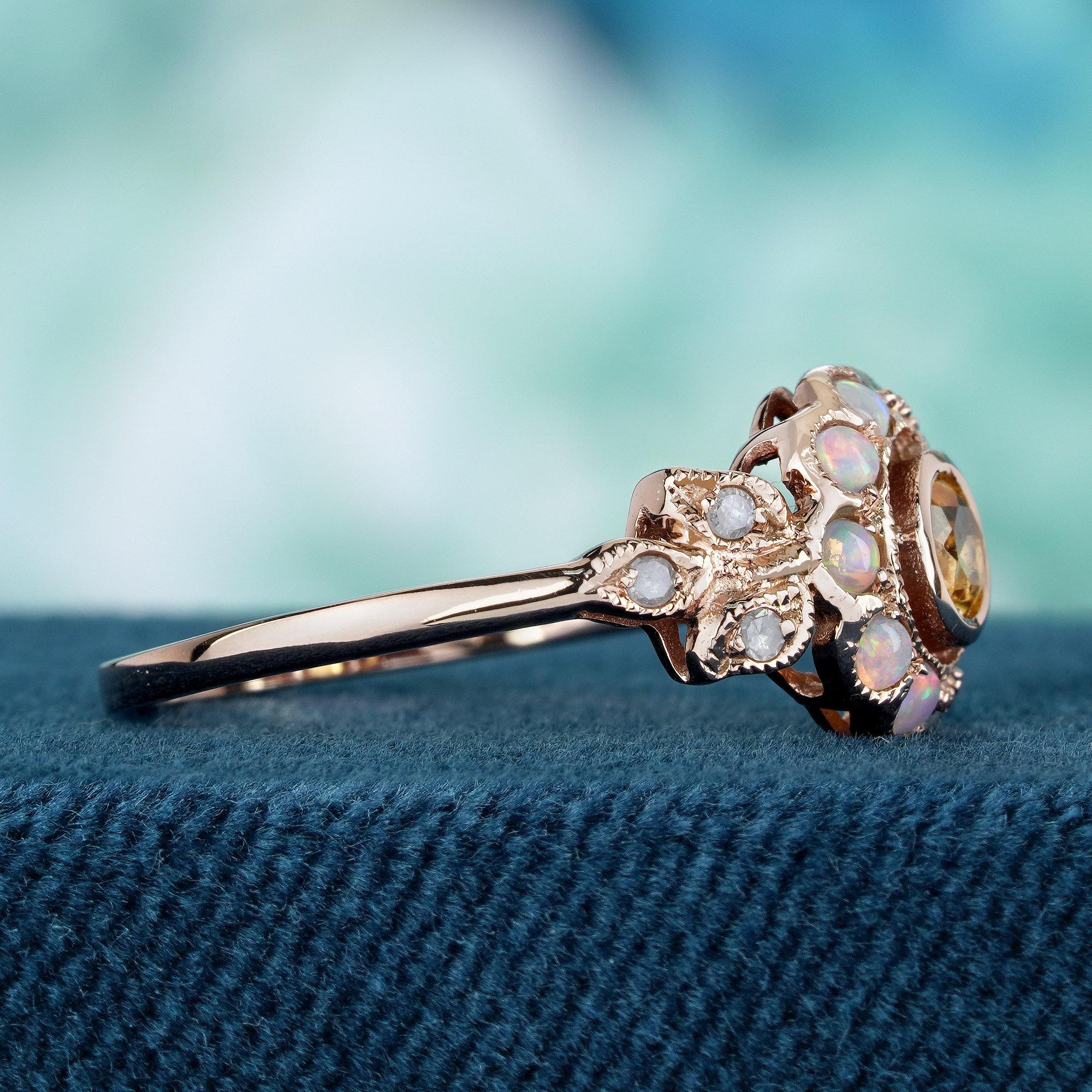 Natürlicher Citrin Opal Diamant Vintage Style Mond Ring in massivem 9K Rose Gold (Rundschliff)