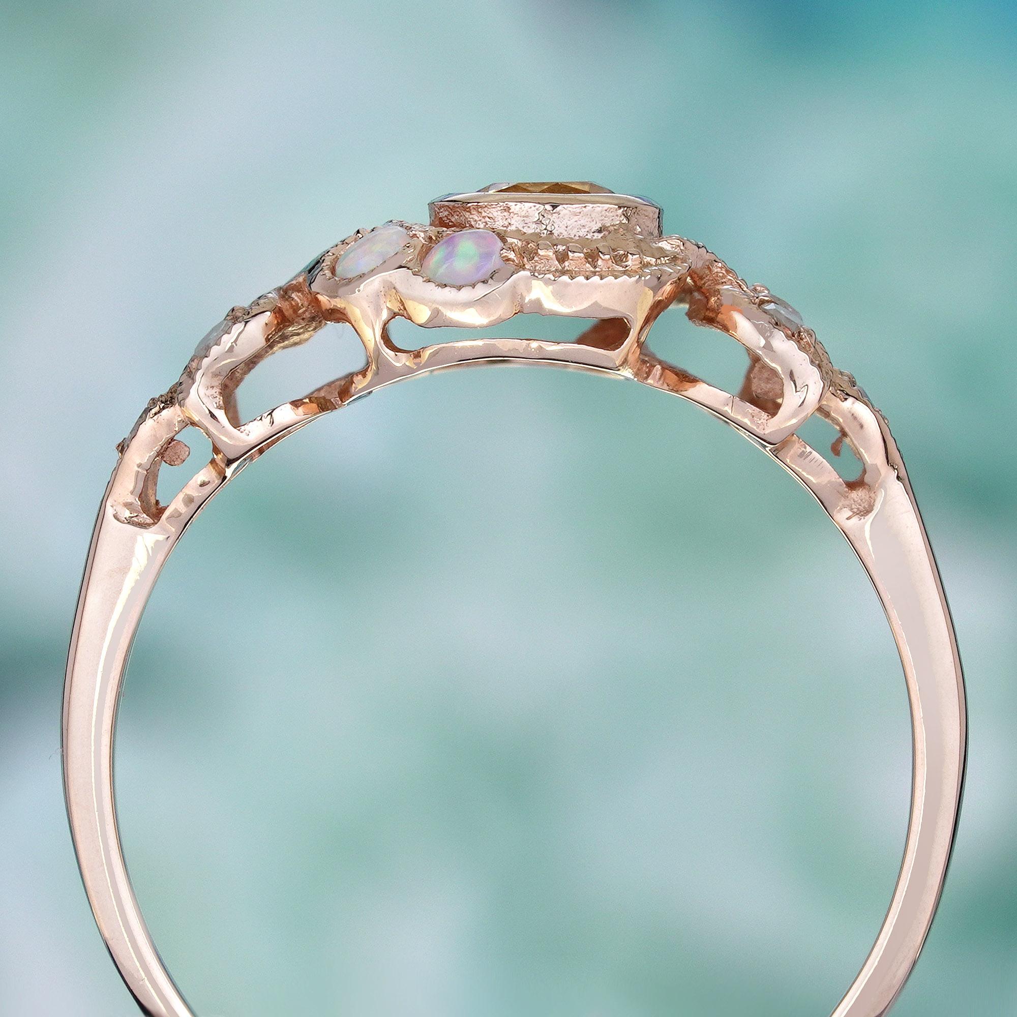 Natural Citrine Opal Diamond Vintage Style Moon Ring in Solid 9K Rose Gold In New Condition For Sale In Bangkok, TH