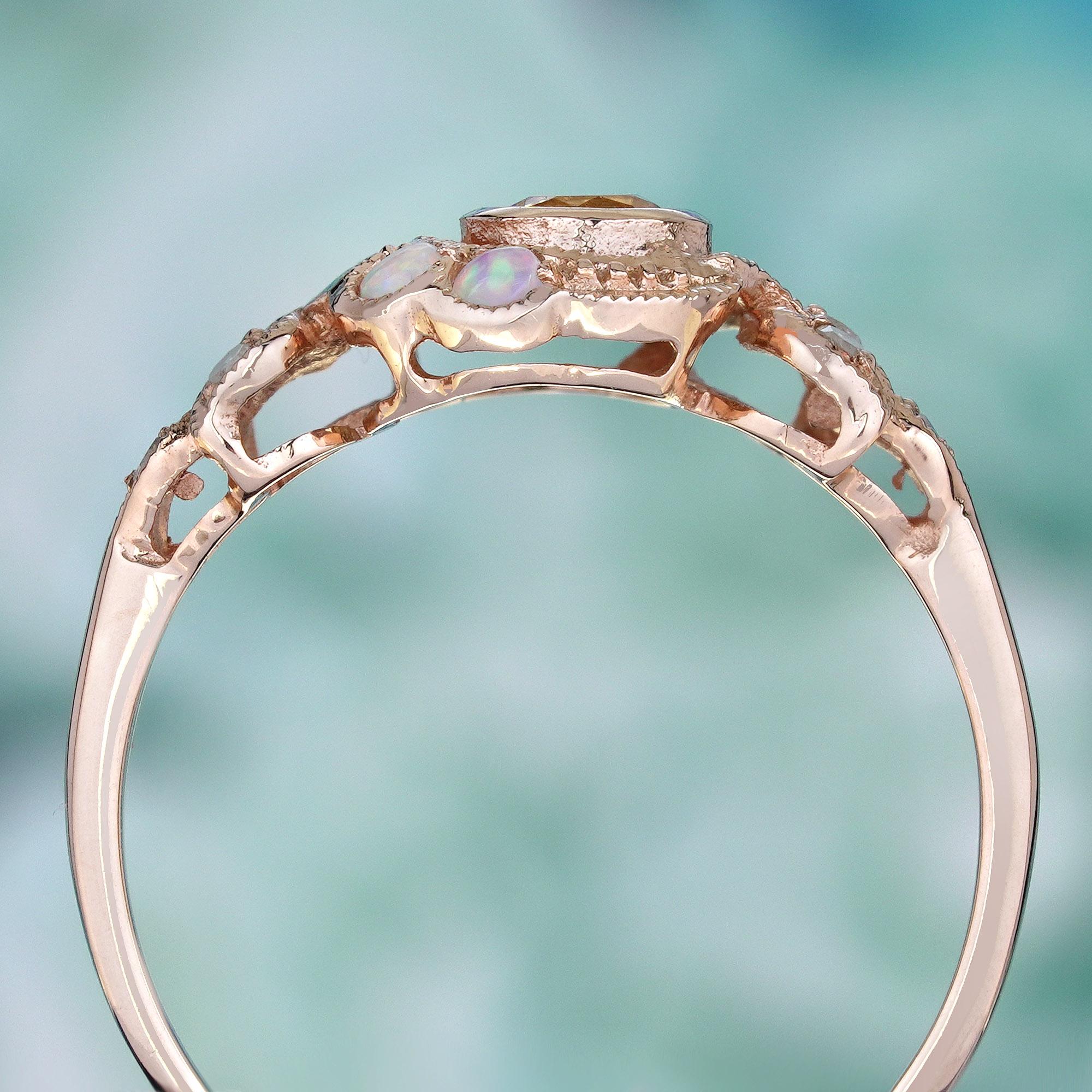 Natürlicher Citrin Opal Diamant Vintage Style Mond Ring in massivem 9K Rose Gold im Zustand „Neu“ in Bangkok, TH