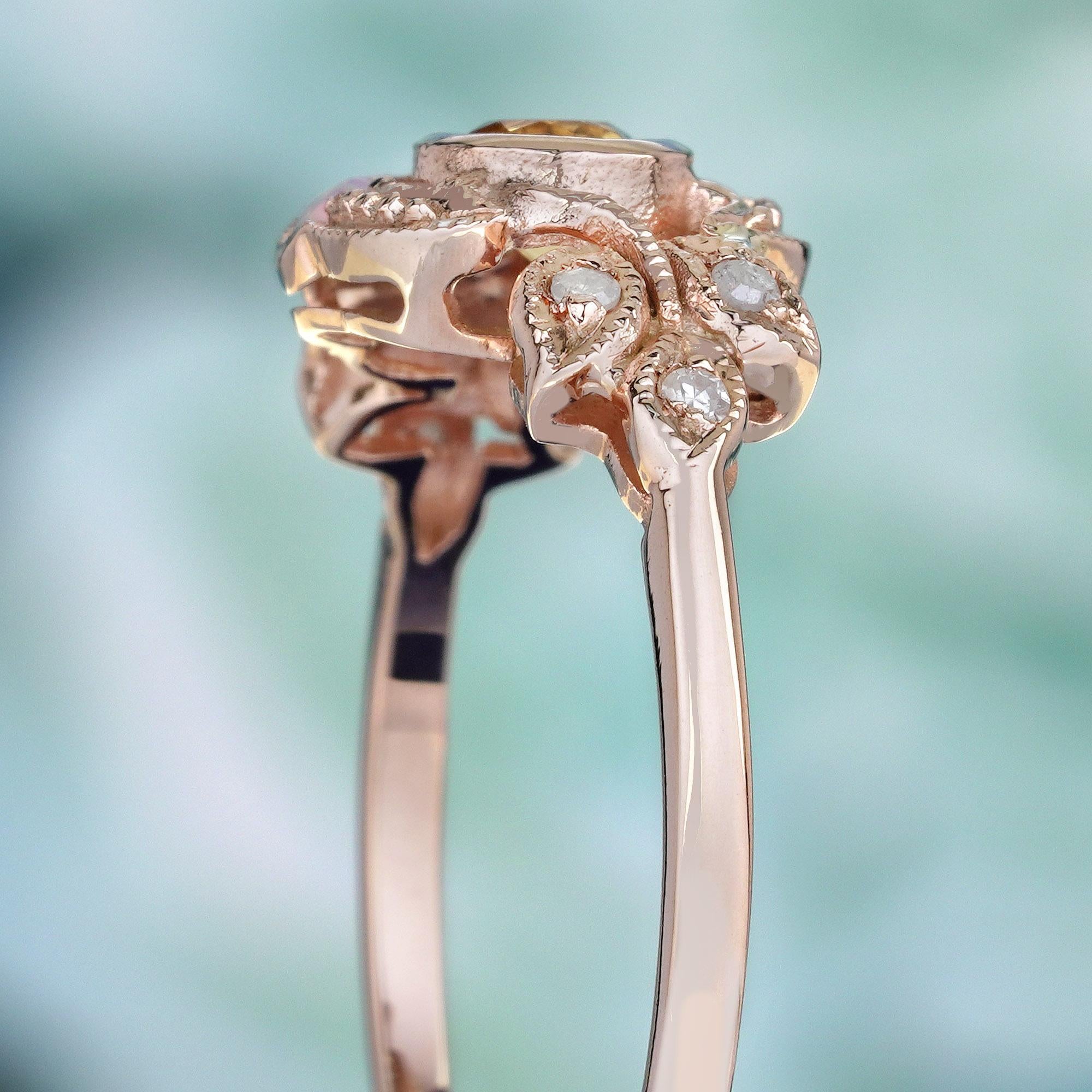 Natürlicher Citrin Opal Diamant Vintage Style Mond Ring in massivem 9K Rose Gold Damen