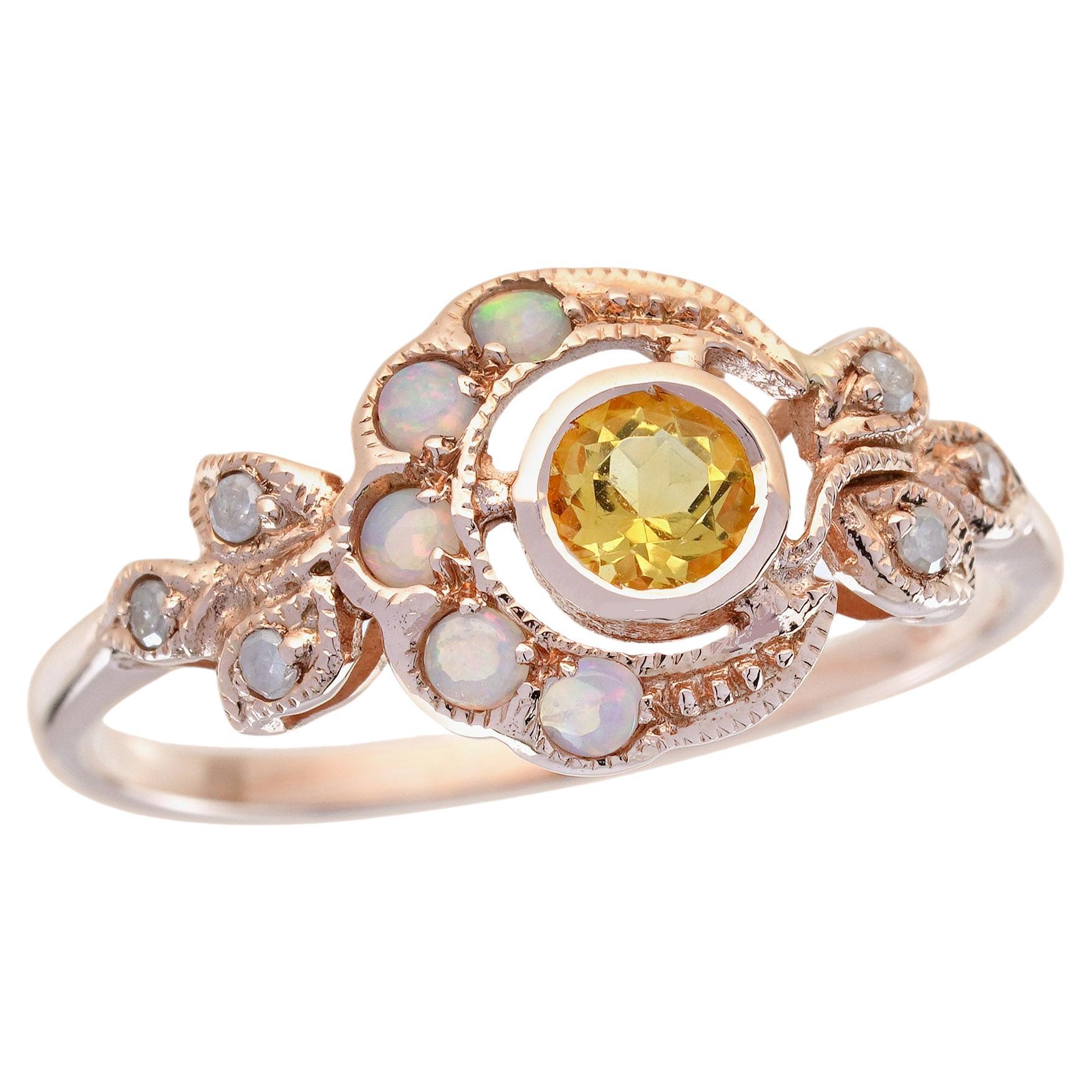 Natural Citrine Opal Diamond Vintage Style Moon Ring in Solid 9K Rose Gold For Sale