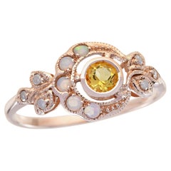 Natural Citrine Opal Diamond Vintage Style Moon Ring in Solid 9K Rose Gold