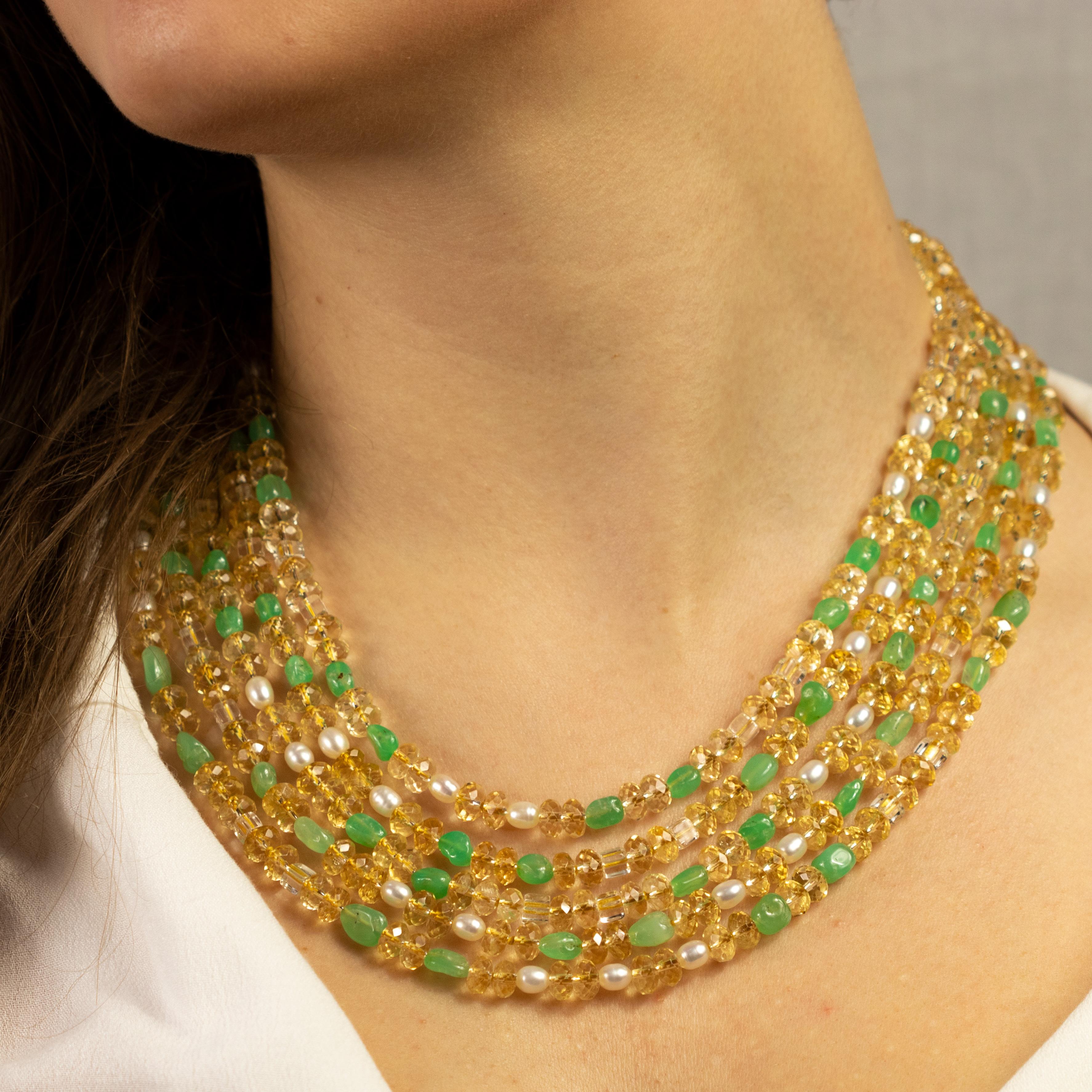 Perlina Collana di perle d'acqua dolce con quarzo citrino naturale e crisoprasio in argento in vendita