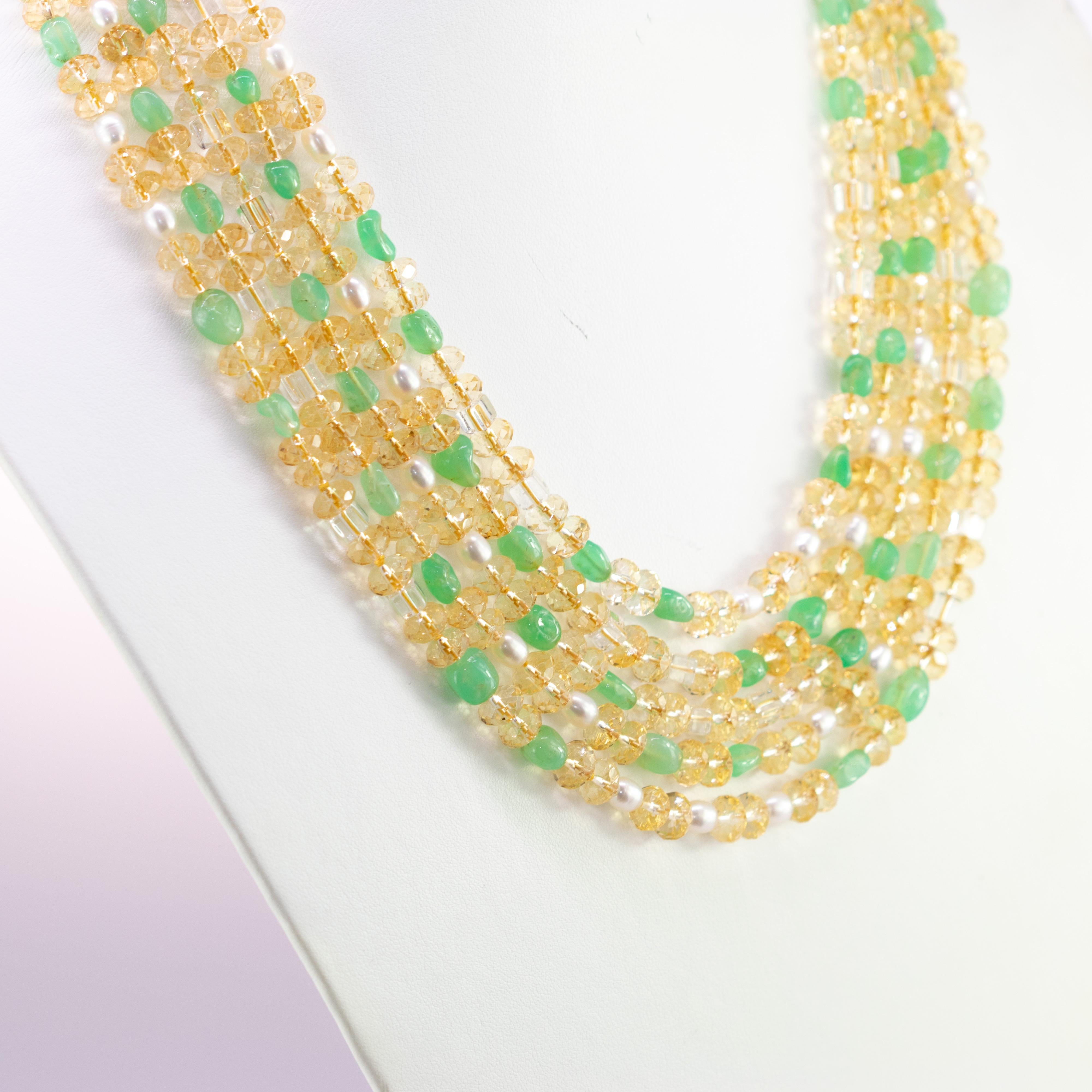 Charming necklace with citrine quartz, fresh water pearls and chrysoprase. A necklace designed for any occasion and look. Very discreet with light tones and luxury gemstones.

• 925 gilded silver
• Total number of strands 5
• Total length 45 cm

At