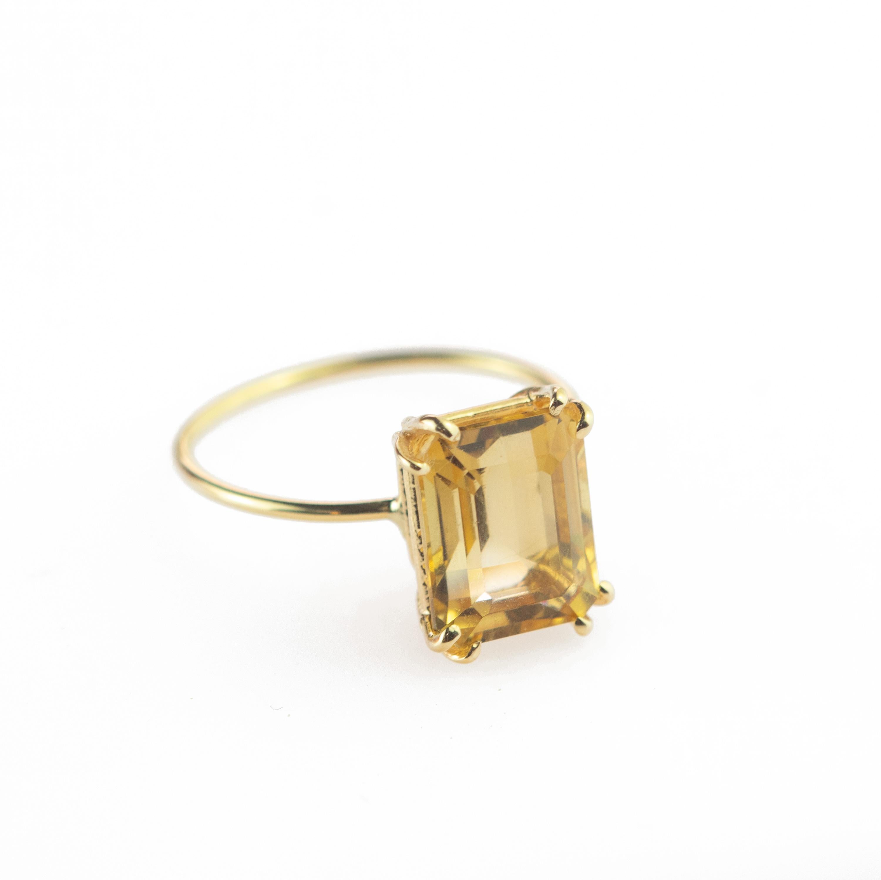 Emerald Cut Natural Citrine Quartz Intini Jewels 18 Karat Yellow Gold Cocktail Handmade Ring For Sale