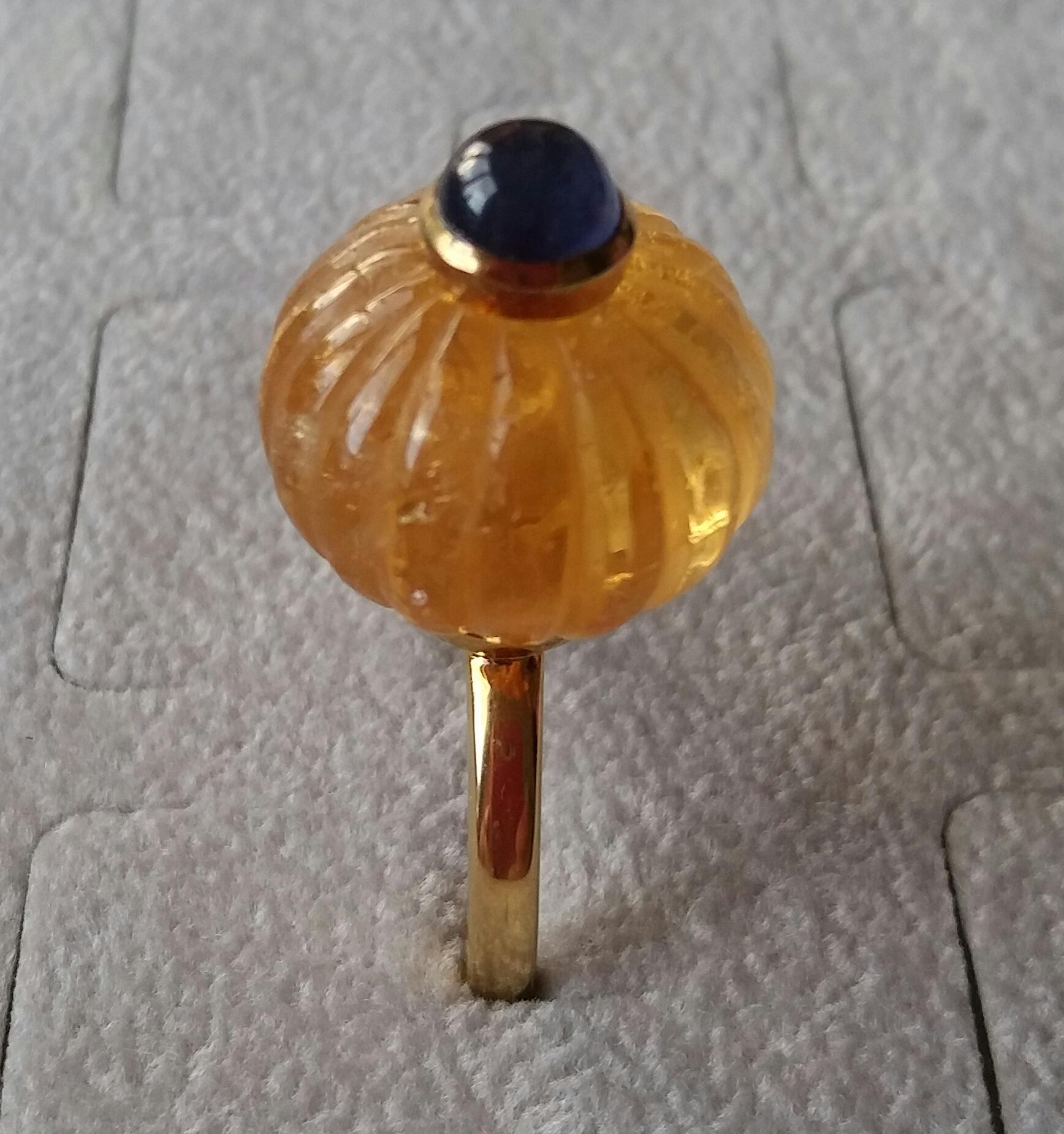 Natural Citrine Turban Ring Blue Sapphire Cabochon 14K Yellow Gold Cocktail Ring For Sale 4