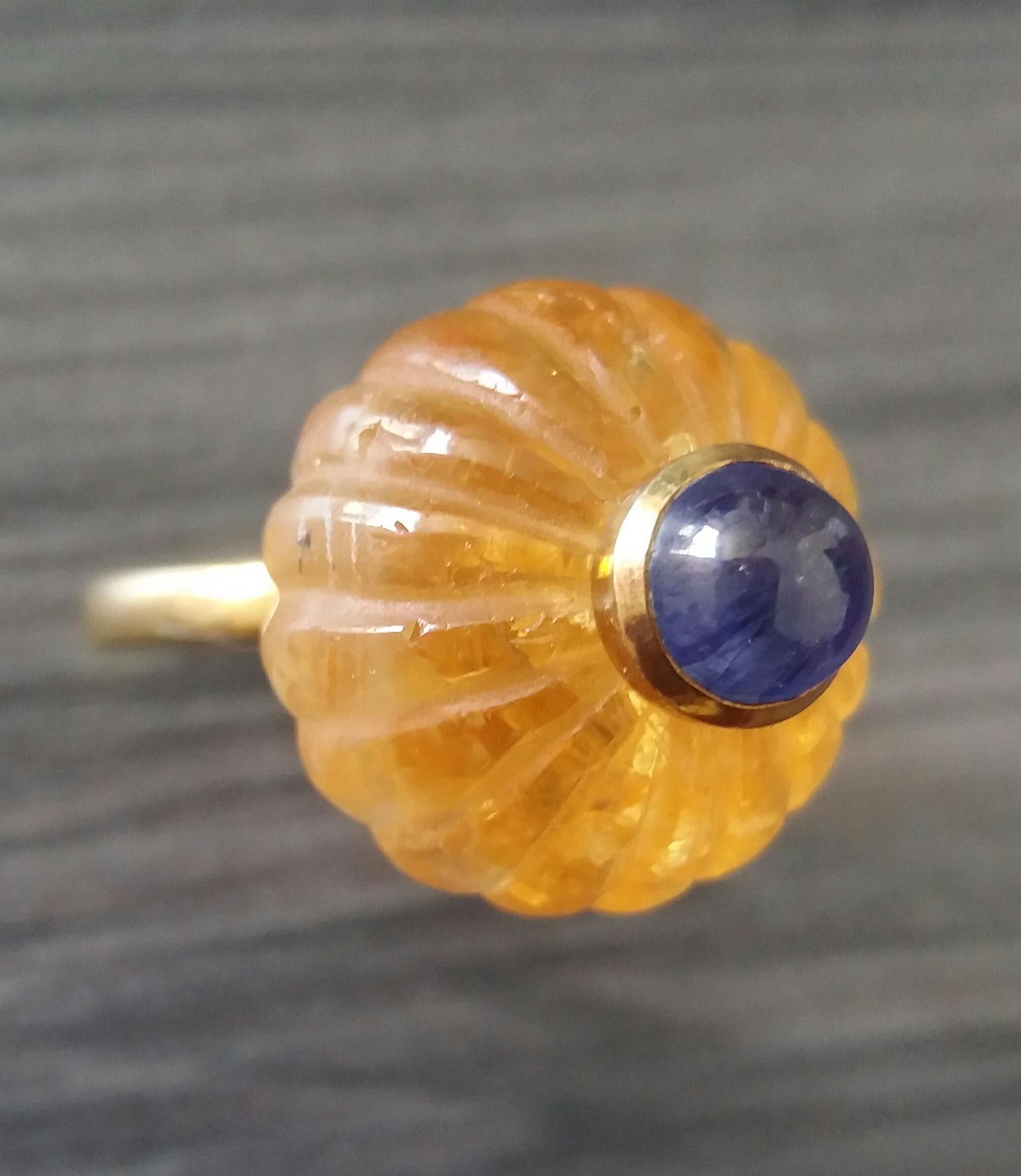 Natural Citrine Turban Ring Blue Sapphire Cabochon 14K Yellow Gold Cocktail Ring For Sale 5
