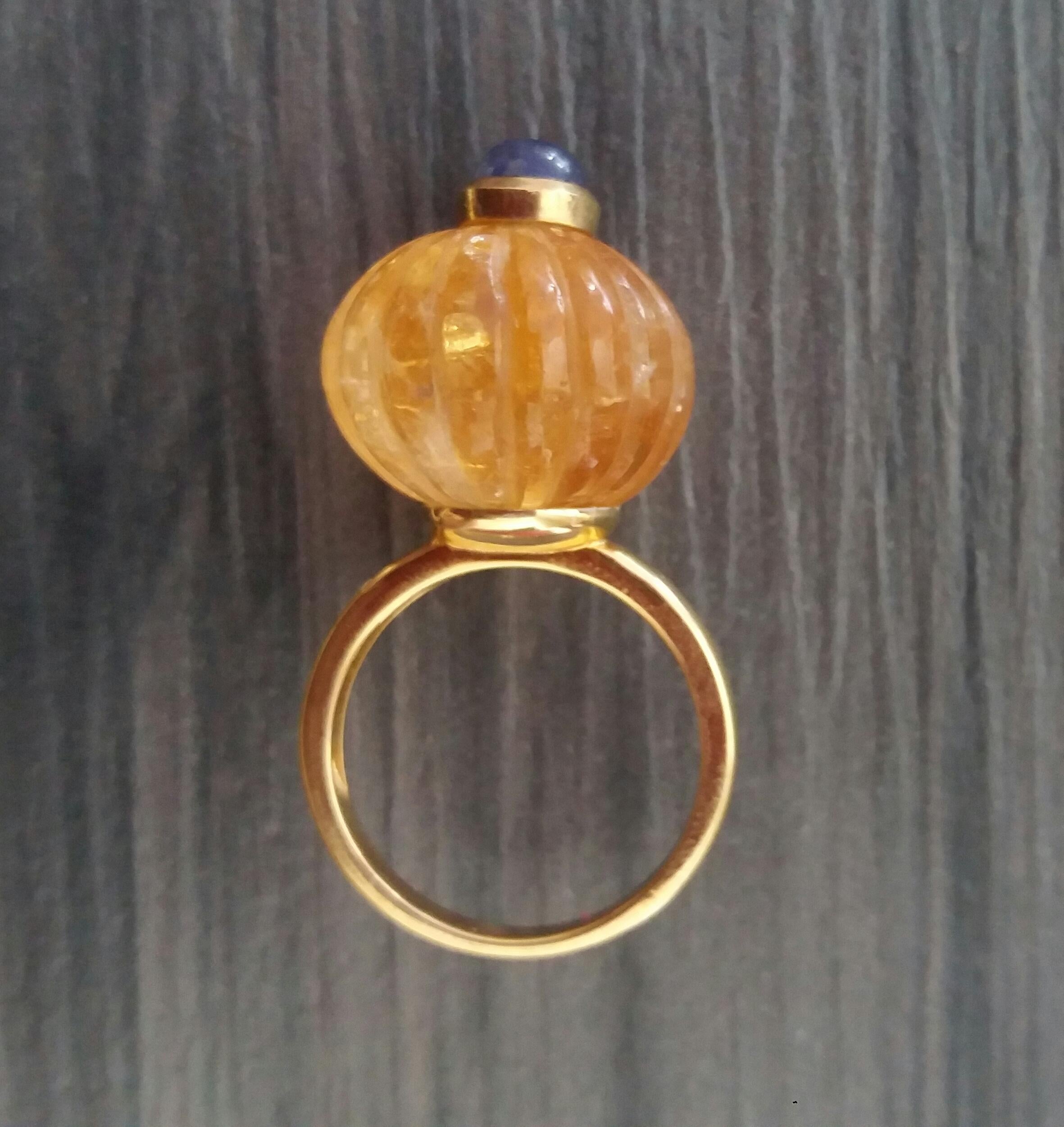 Natural Citrine Turban Ring Blue Sapphire Cabochon 14K Yellow Gold Cocktail Ring For Sale 6