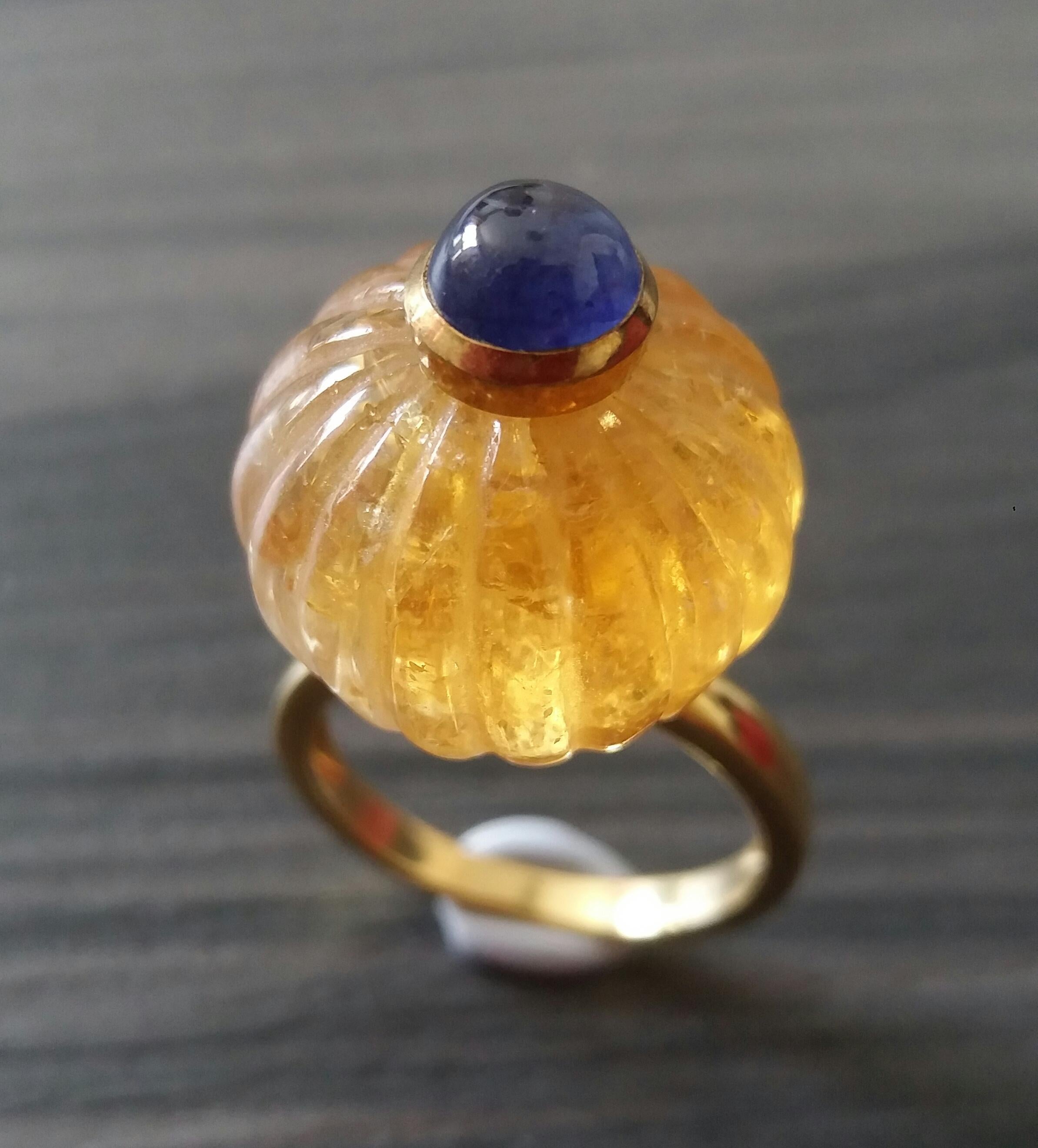 Natural Citrine Turban Ring Blue Sapphire Cabochon 14K Yellow Gold Cocktail Ring For Sale 7
