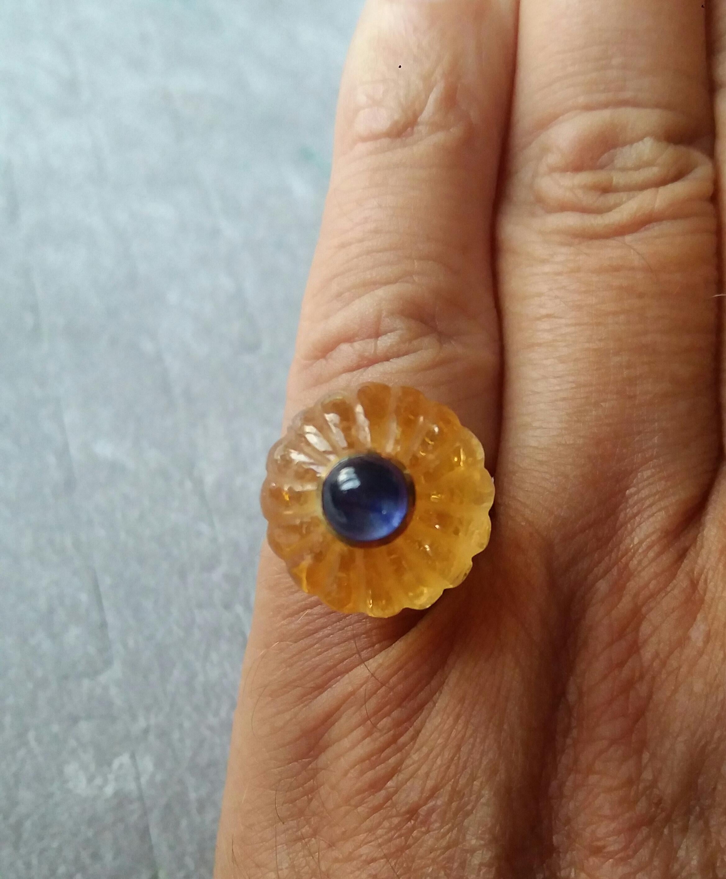 Contemporary Natural Citrine Turban Ring Blue Sapphire Cabochon 14K Yellow Gold Cocktail Ring For Sale