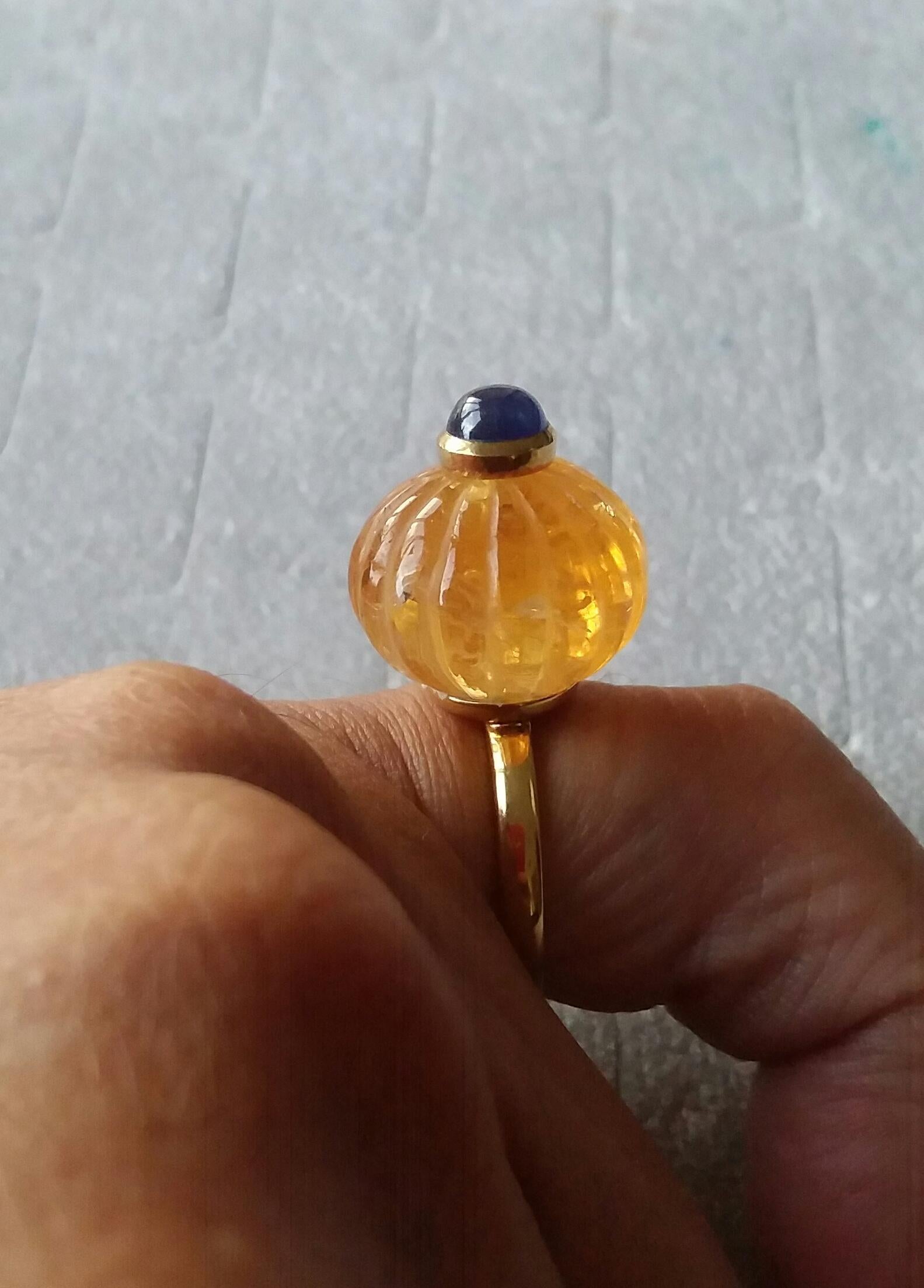 Bead Natural Citrine Turban Ring Blue Sapphire Cabochon 14K Yellow Gold Cocktail Ring For Sale