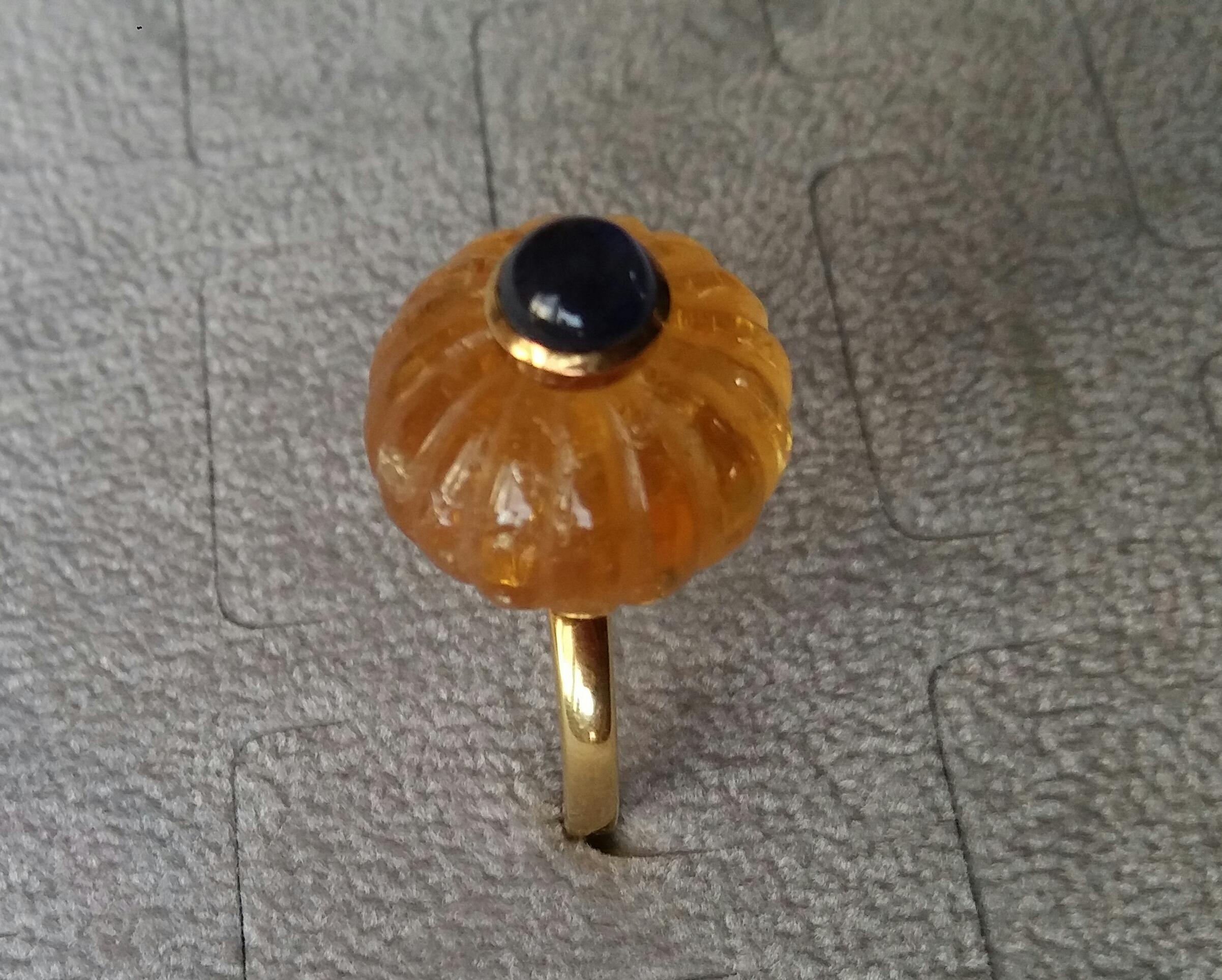Natural Citrine Turban Ring Blue Sapphire Cabochon 14K Yellow Gold Cocktail Ring In Good Condition For Sale In Bangkok, TH