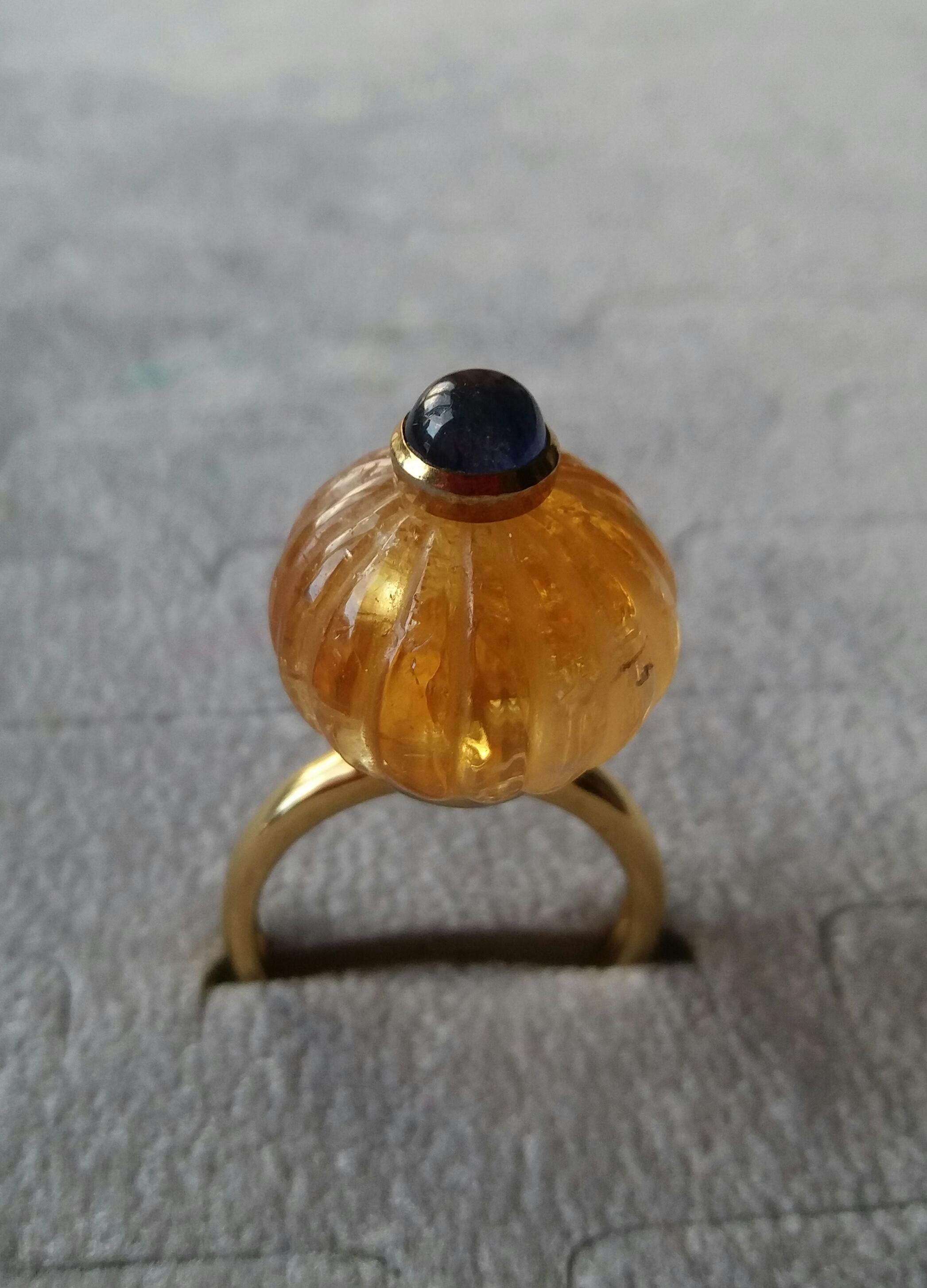 Women's Natural Citrine Turban Ring Blue Sapphire Cabochon 14K Yellow Gold Cocktail Ring For Sale