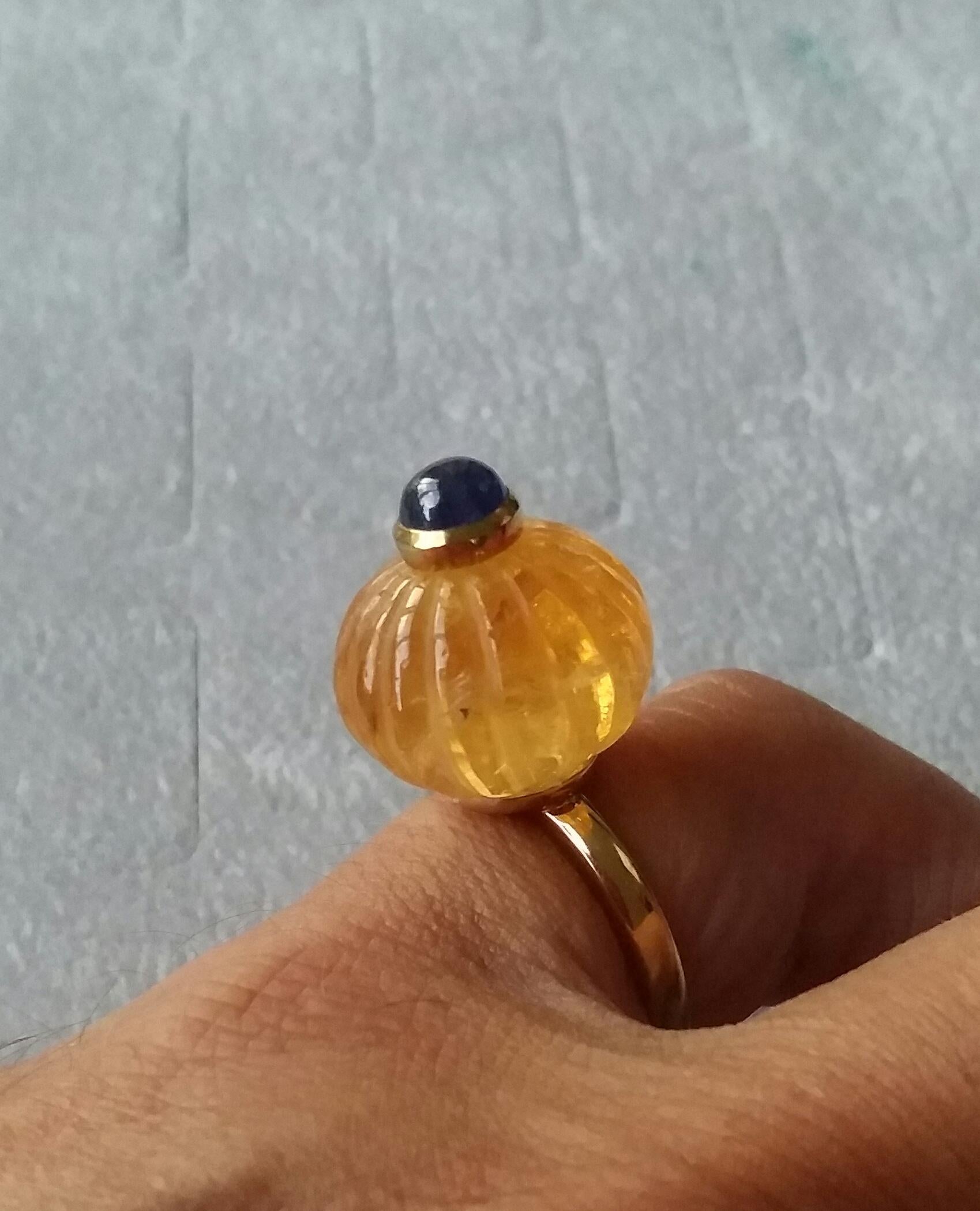 Natural Citrine Turban Ring Blue Sapphire Cabochon 14K Yellow Gold Cocktail Ring For Sale 1