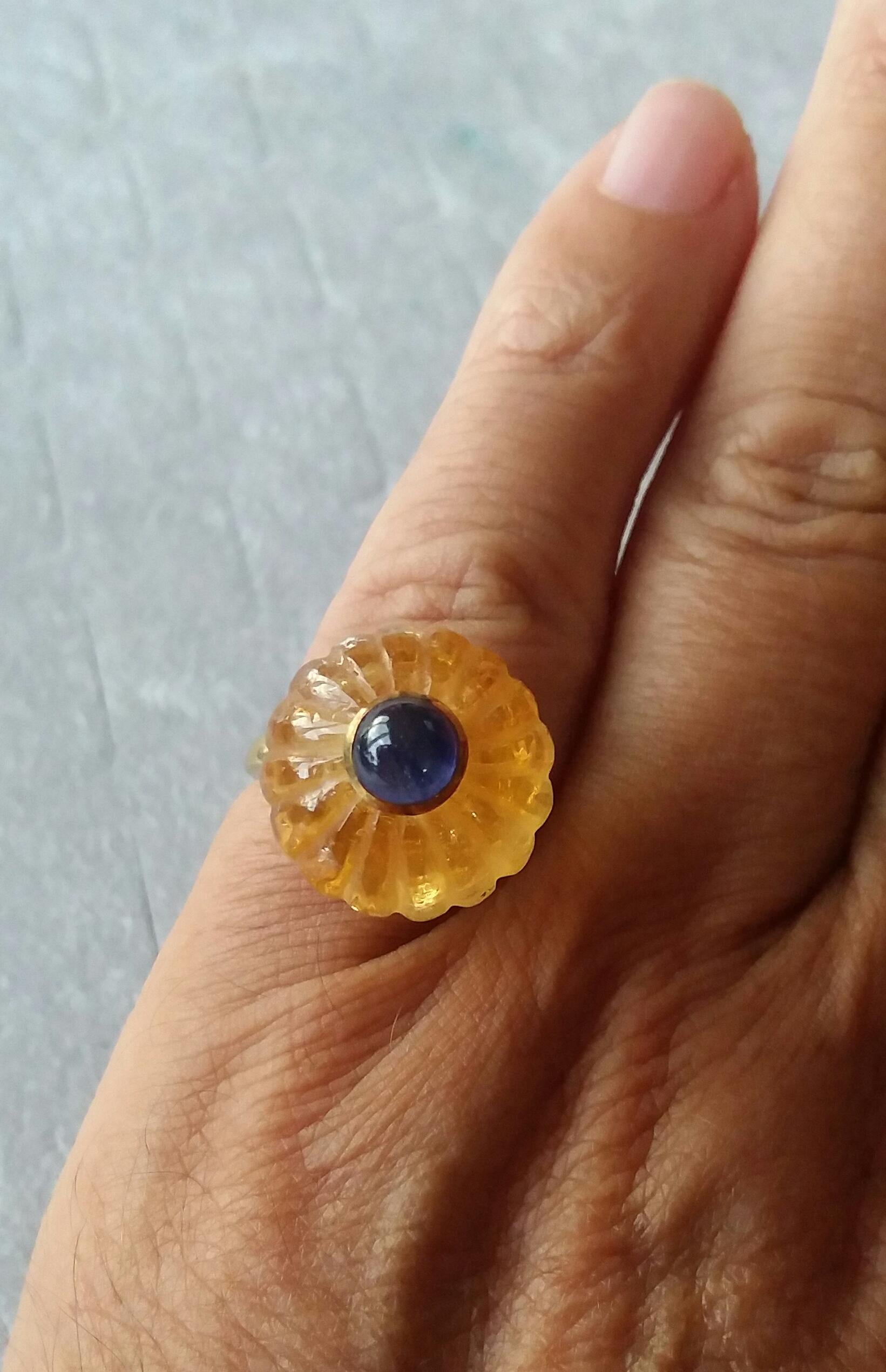 Natural Citrine Turban Ring Blue Sapphire Cabochon 14K Yellow Gold Cocktail Ring For Sale 2