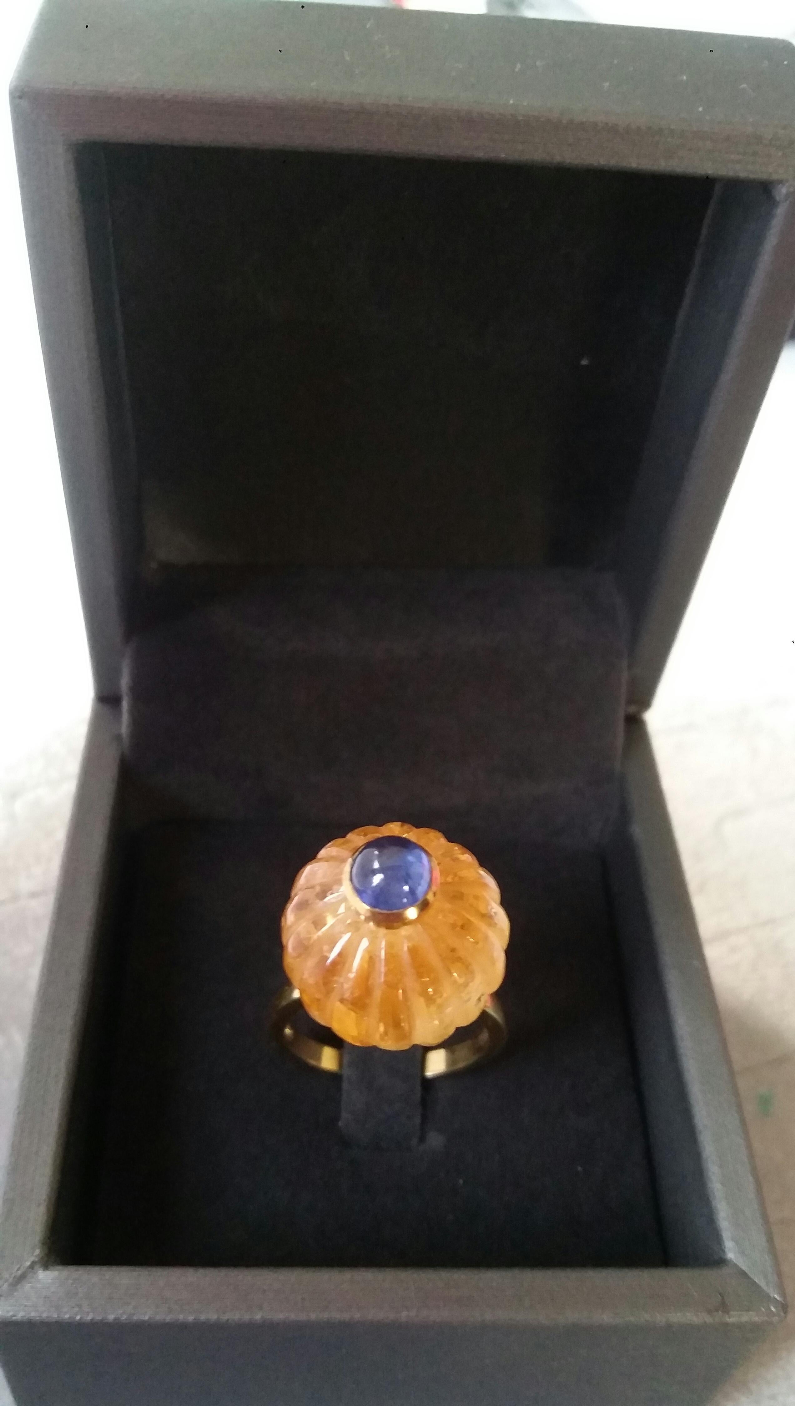Natural Citrine Turban Ring Blue Sapphire Cabochon 14K Yellow Gold Cocktail Ring For Sale 3