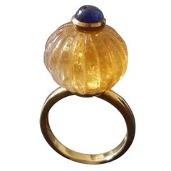Natural Citrine Turban Ring Blue Sapphire Cabochon 14K Yellow Gold Cocktail Ring