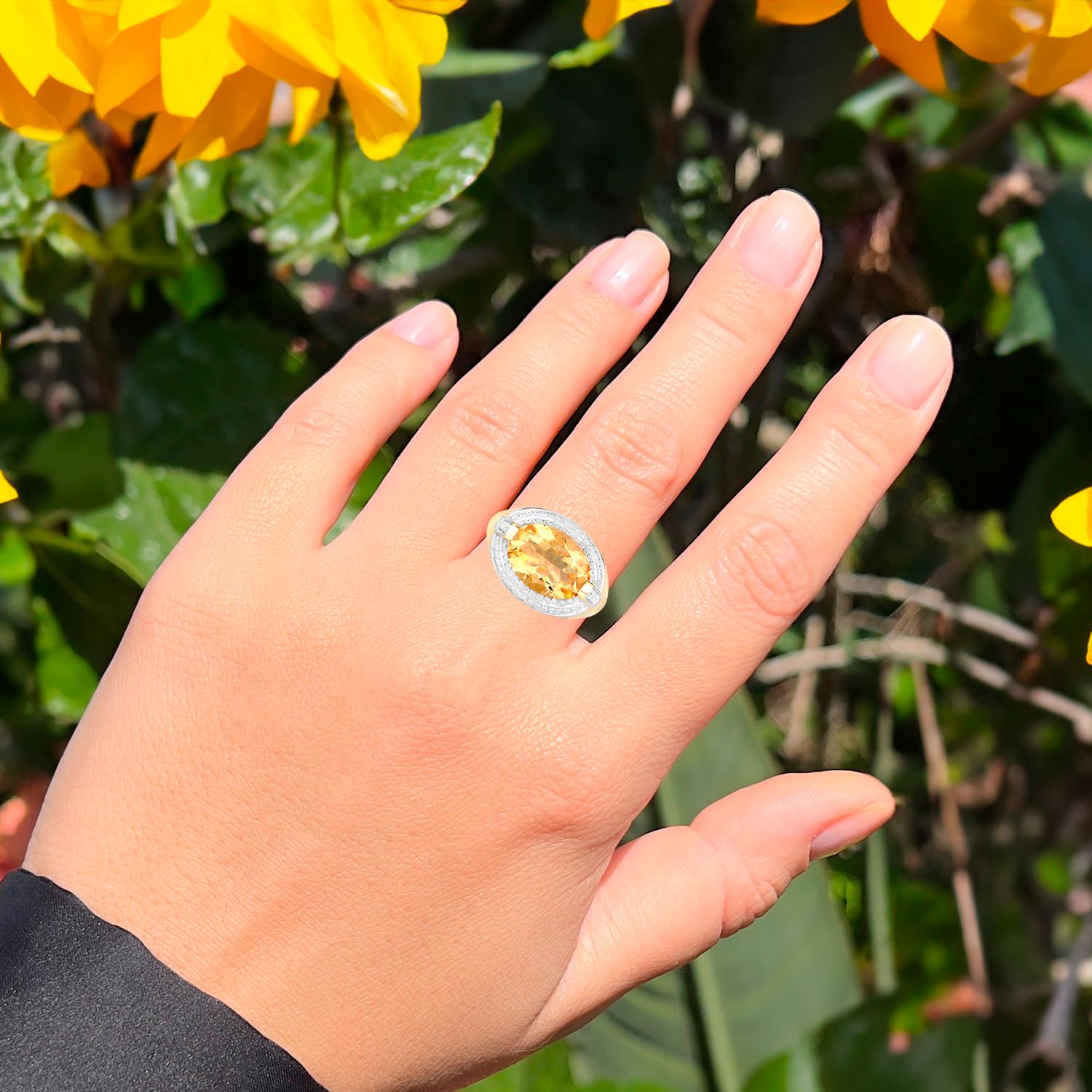 Oval Cut Natural Citrine Ring With Diamonds 4.58 Carats 14K Yellow Gold Plated Silver For Sale