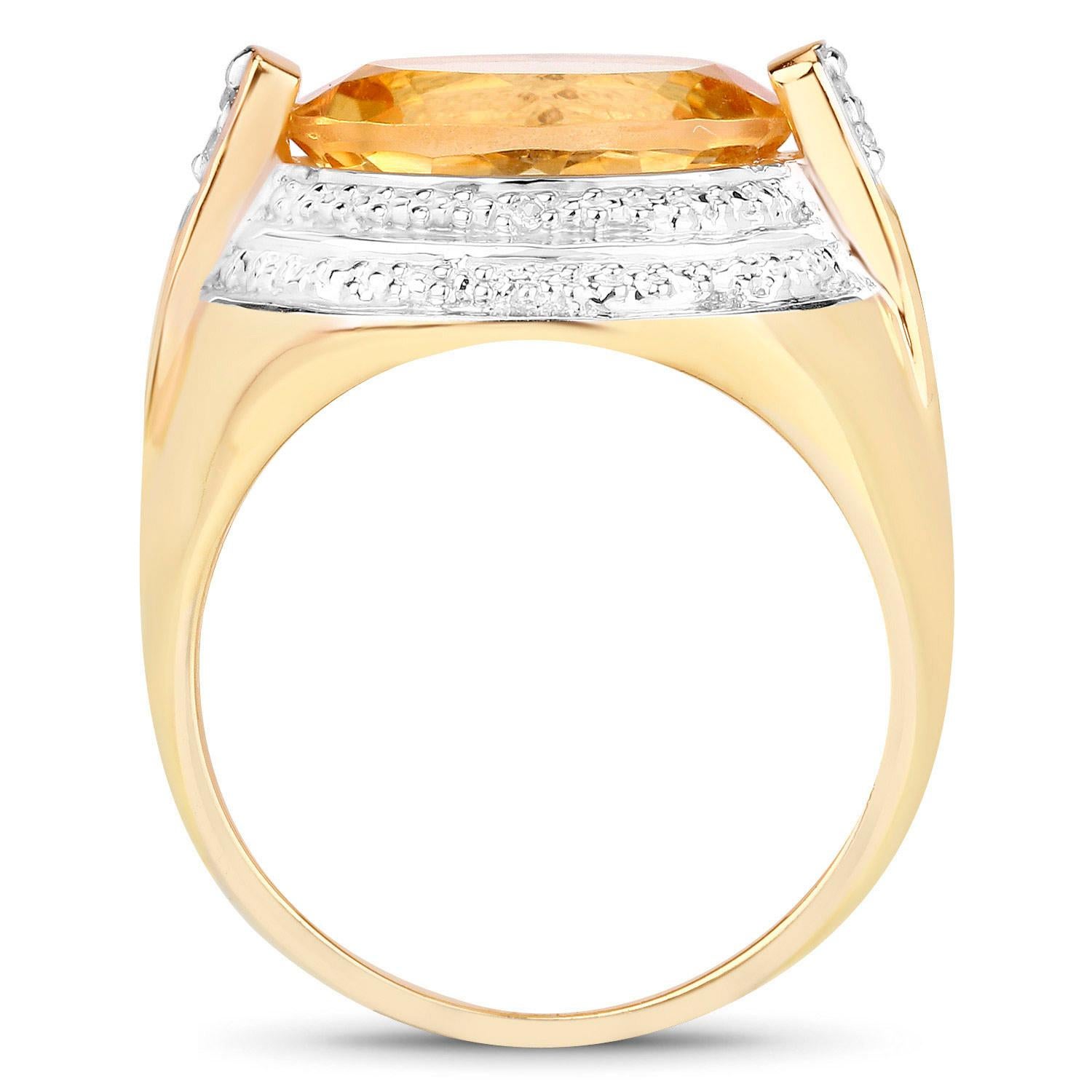 Women's or Men's Natural Citrine Ring With Diamonds 4.58 Carats 14K Yellow Gold Plated Silver For Sale