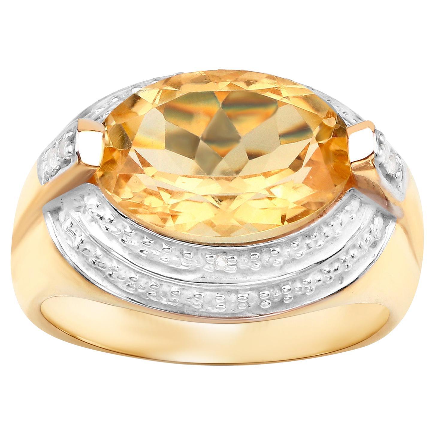 Femenino o masculino Anillo de citrino natural con diamantes 4,58 quilates Plata chapada en oro amarillo de 14 quilates en venta