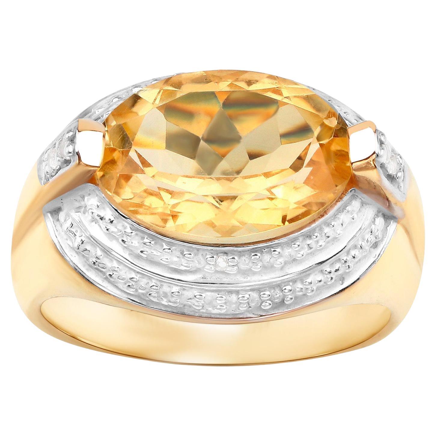 Natural Citrine Ring With Diamonds 4.58 Carats 14K Yellow Gold Plated Silver