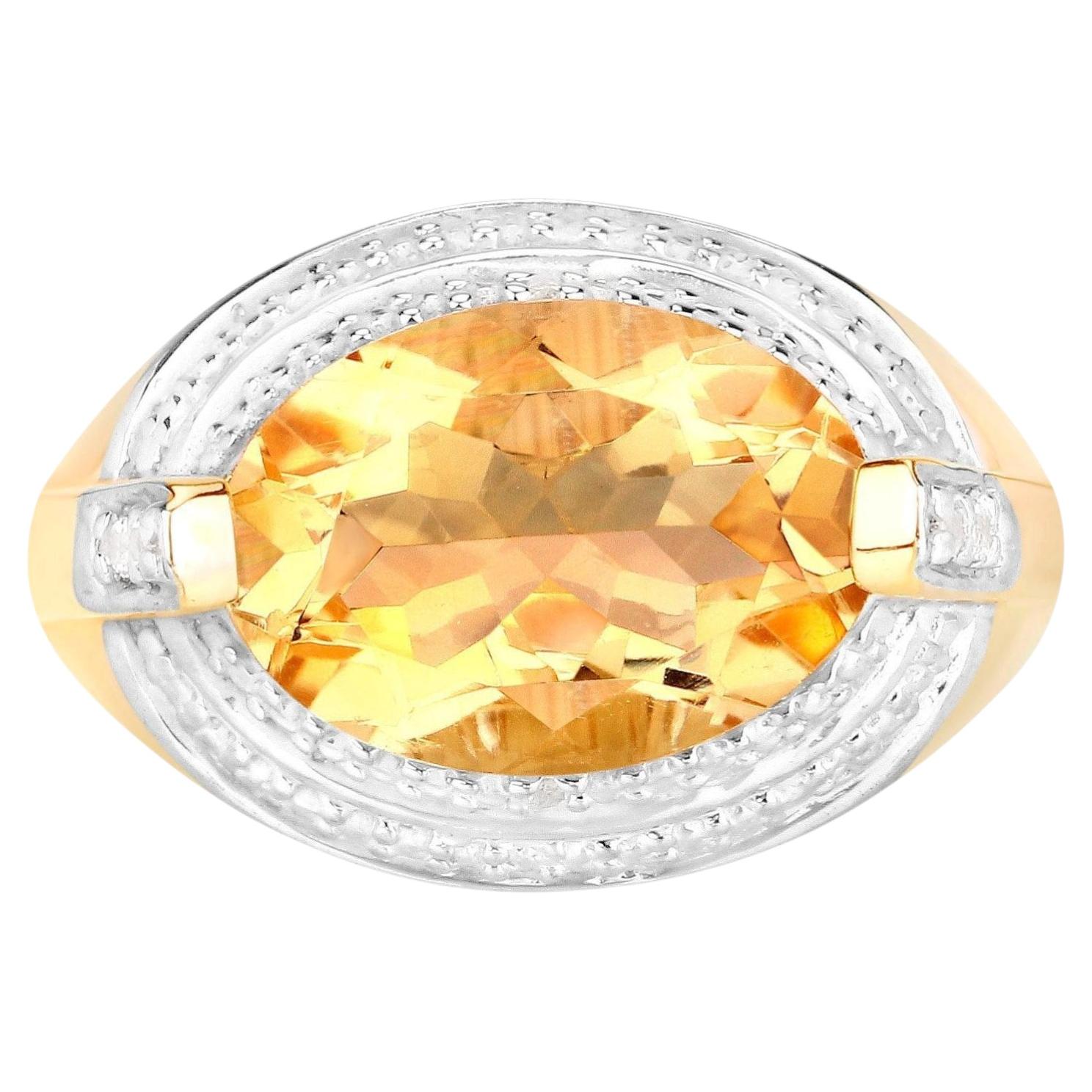 Natural Citrine Ring With Diamonds 4.58 Carats 14K Yellow Gold Plated Silver