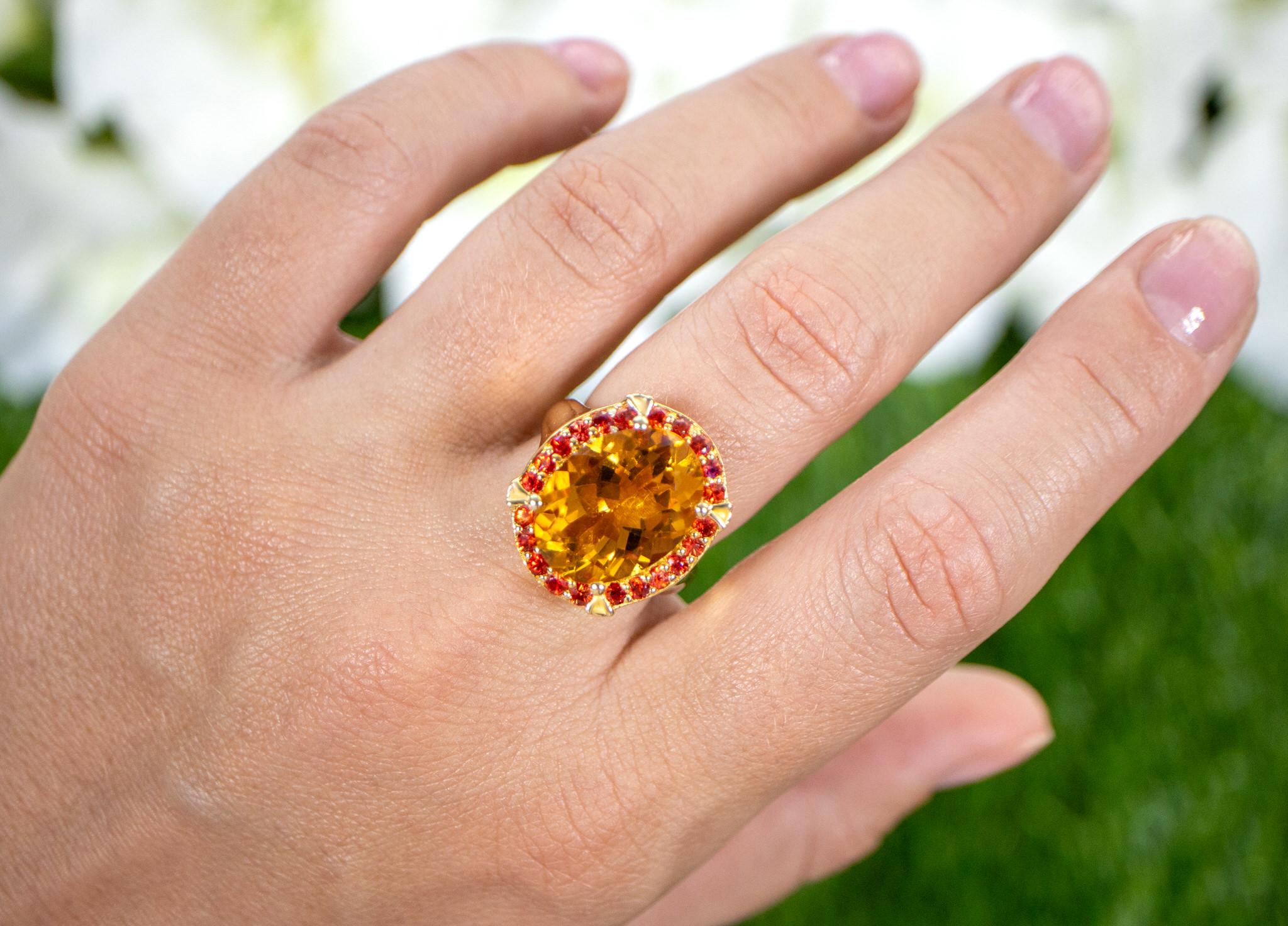Women's or Men's Citrine Cocktail Ring Deep Orange Sapphires 9.4 Carats 14K Gold Plated Silver For Sale