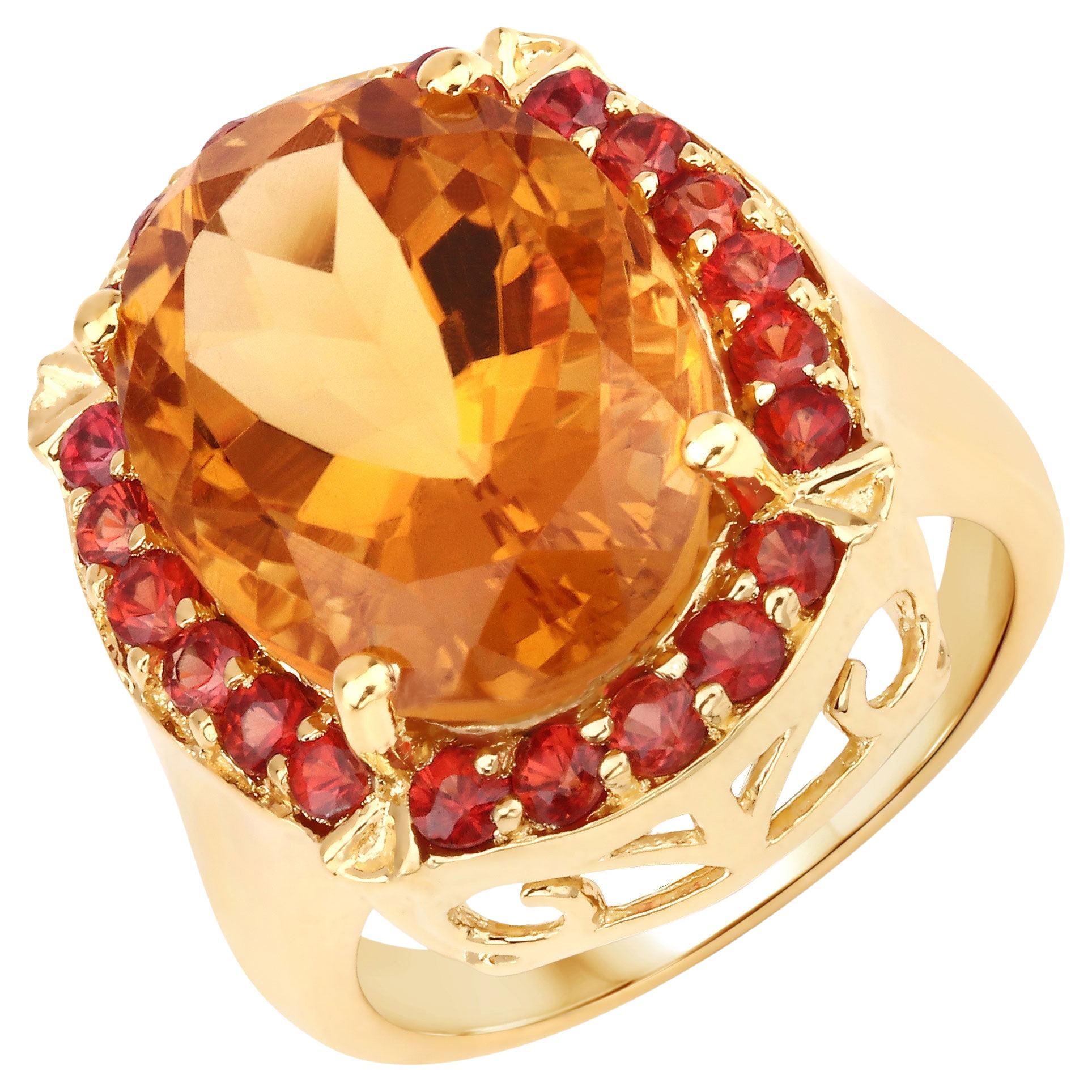 Oval Cut Natural Citrine & Sapphire Cocktail Ring 9.40 Carats Total Gold Plated Silver For Sale