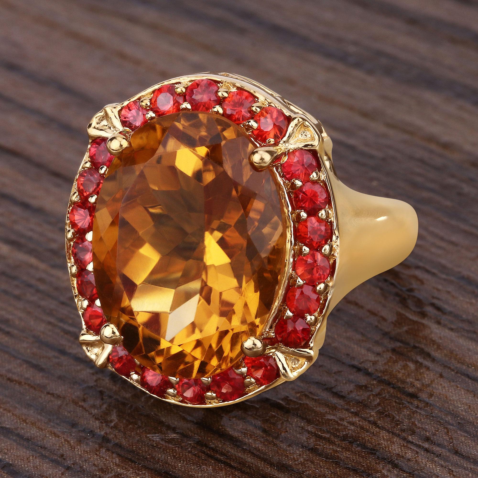 Natural Citrine & Sapphire Cocktail Ring 9.40 Carats Total Gold Plated Silver In Excellent Condition For Sale In Laguna Niguel, CA