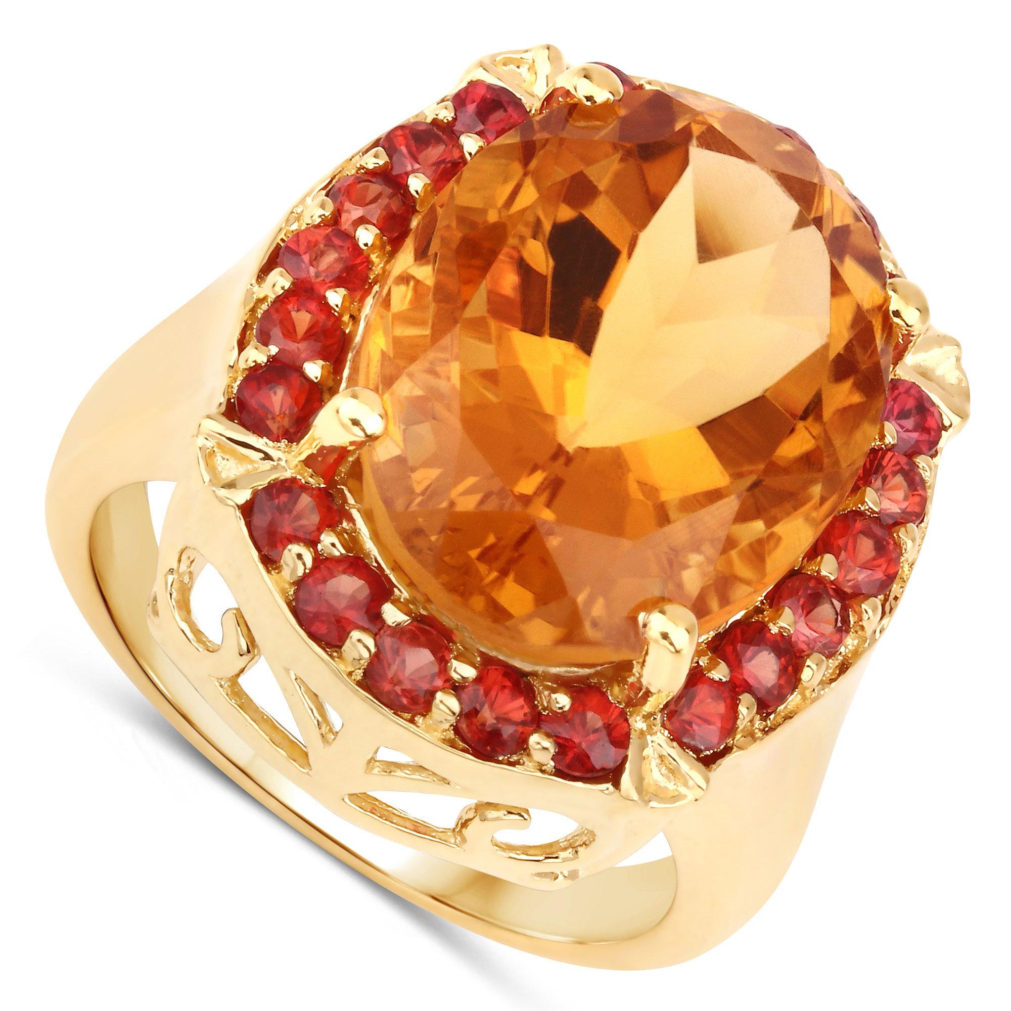Women's or Men's Natural Citrine & Sapphire Cocktail Ring 9.40 Carats Total Gold Plated Silver For Sale