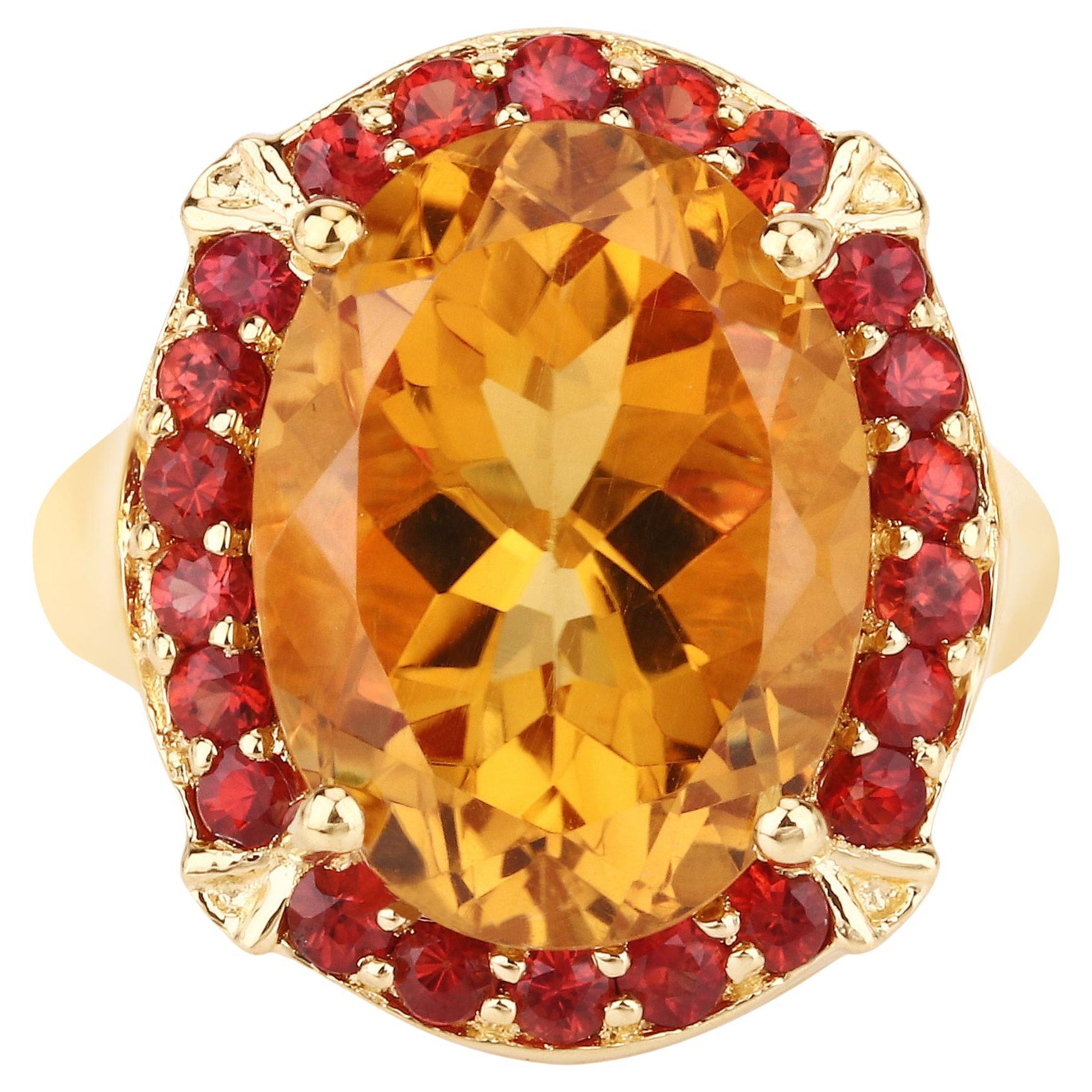 Natural Citrine & Sapphire Cocktail Ring 9.40 Carats Total Gold Plated Silver
