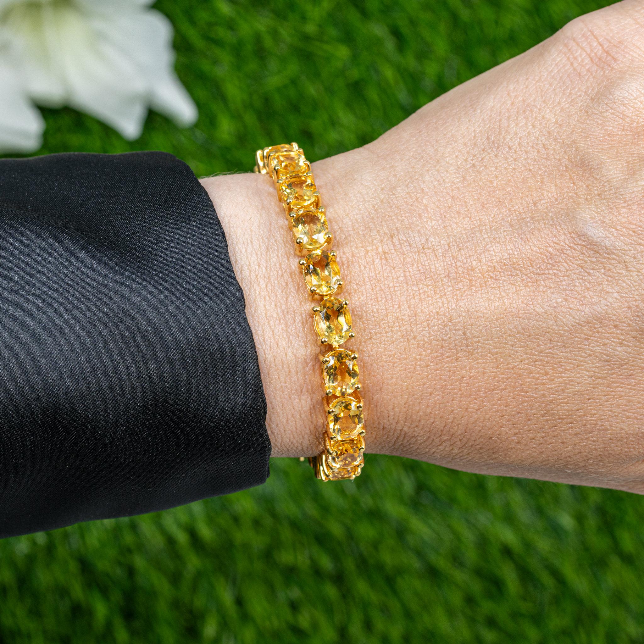 Contemporain Bracelet tennis en argent sterling plaqué or jaune 24 carats et citrine naturelle 22 carats en vente