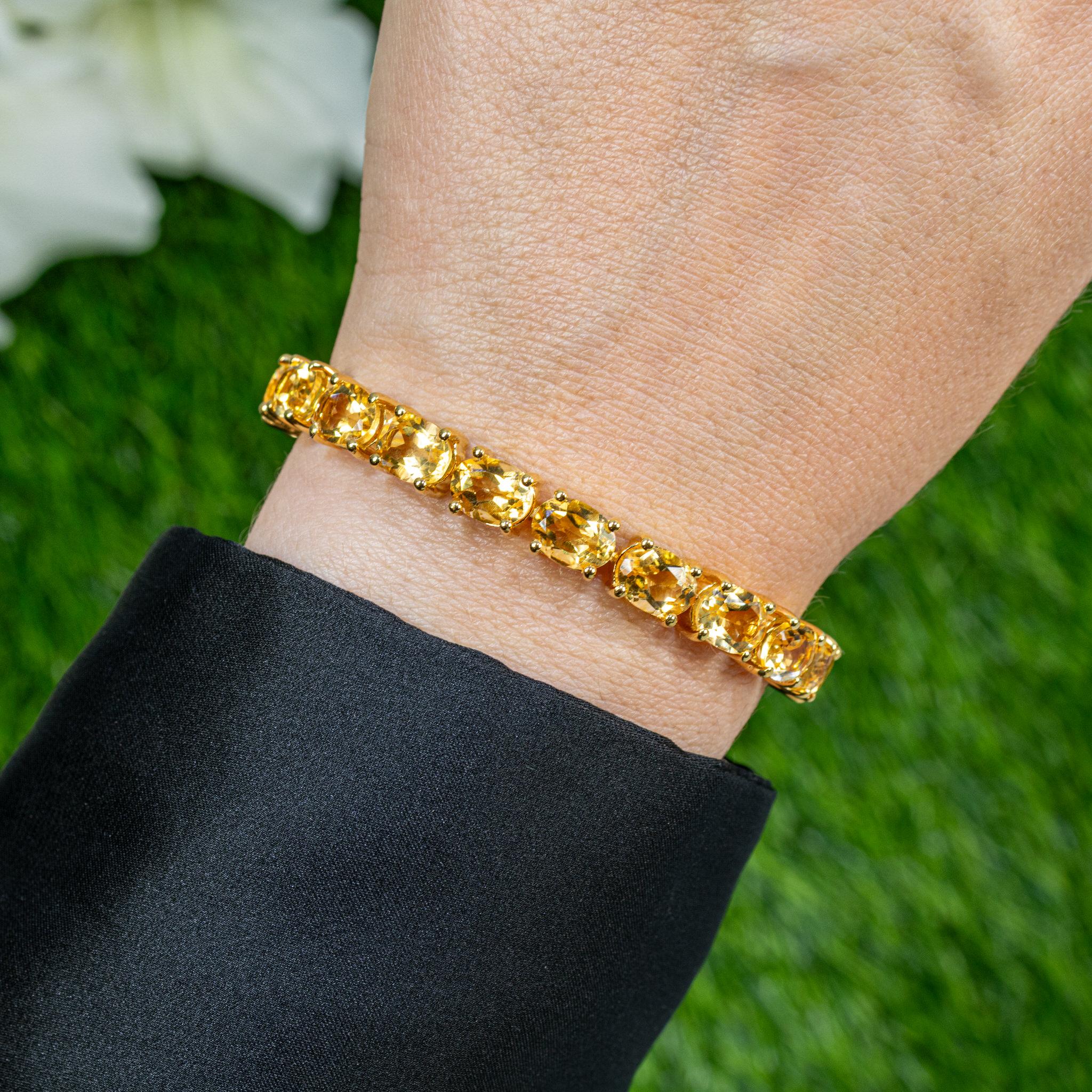 Oval Cut Natural Citrine Tennis Bracelet 22 Carats 24K Yellow Gold Plated Sterling Silver For Sale