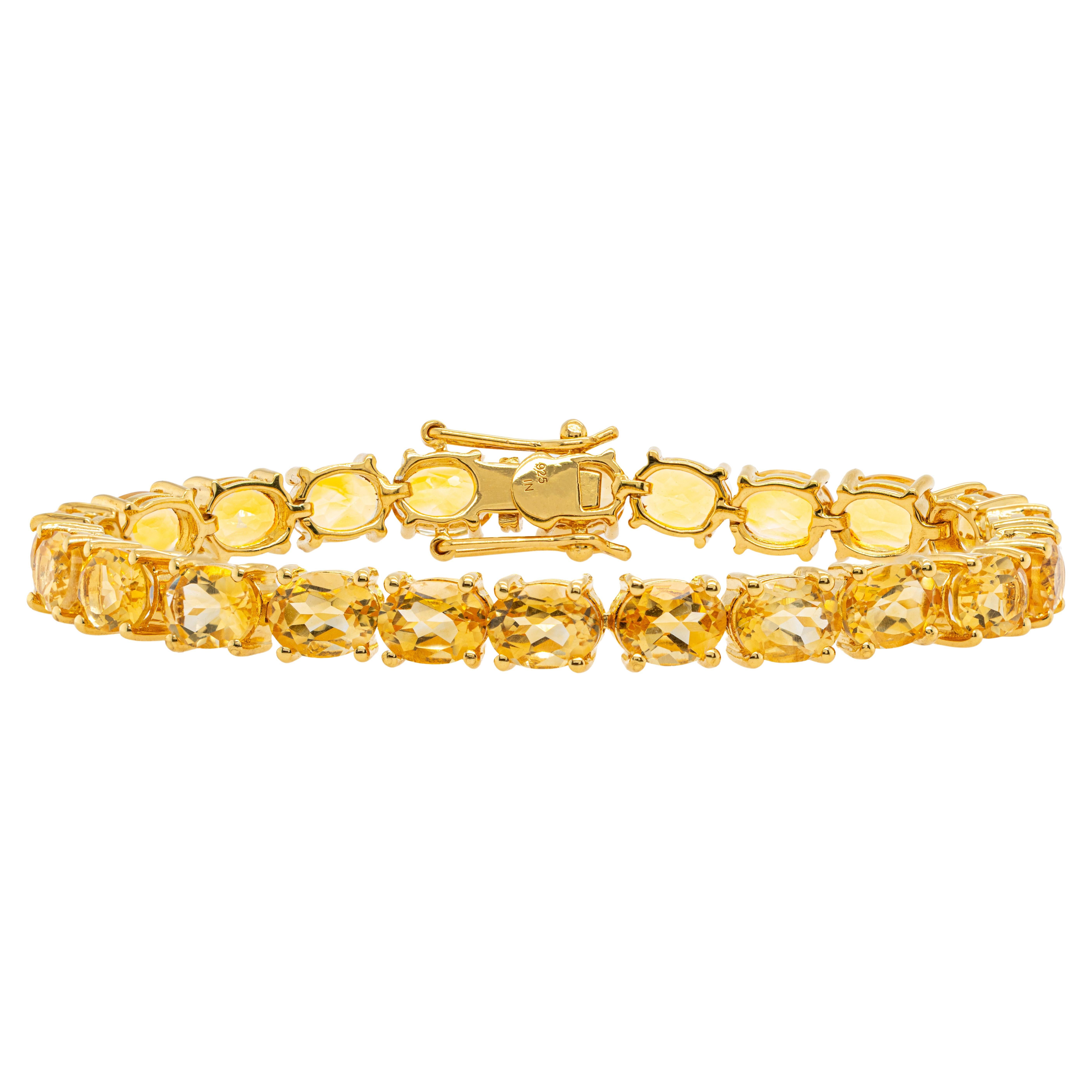Natural Citrine Tennis Bracelet 22 Carats 24K Yellow Gold Plated Sterling Silver