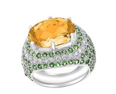 Natural Citrine, Tsavorite and Diamond Ring in 18k White Gold