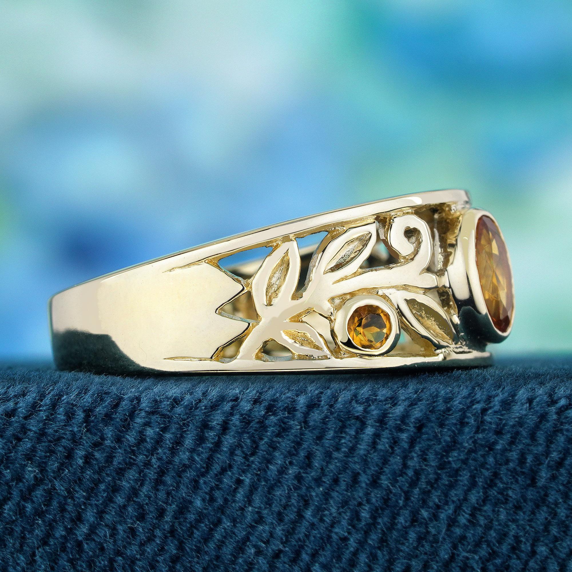 Oval Cut Natural Citrine Vintage Style Carved Band Ring in  9K Yellow Gold For Sale