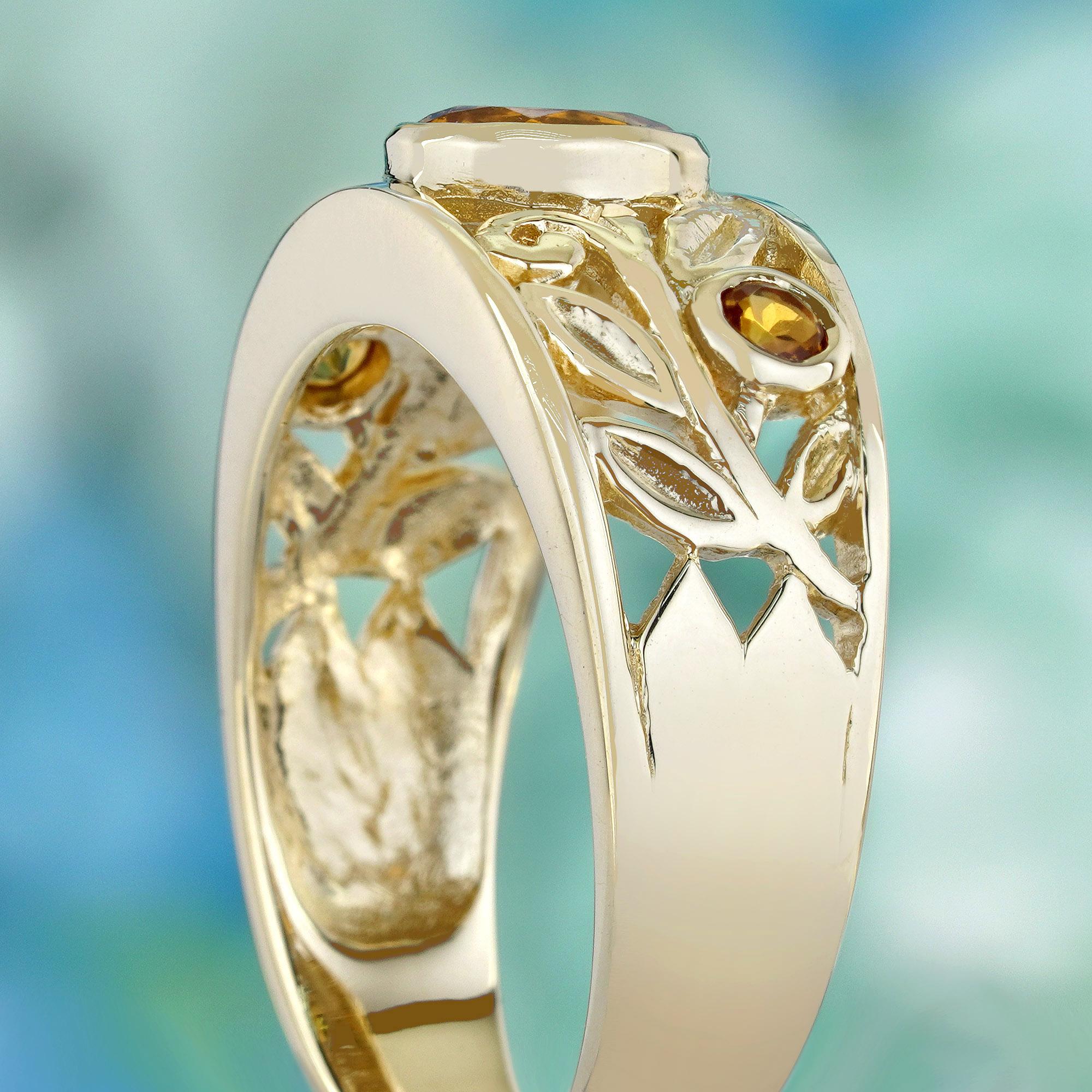 Women's Natural Citrine Vintage Style Carved Band Ring in  9K Yellow Gold For Sale