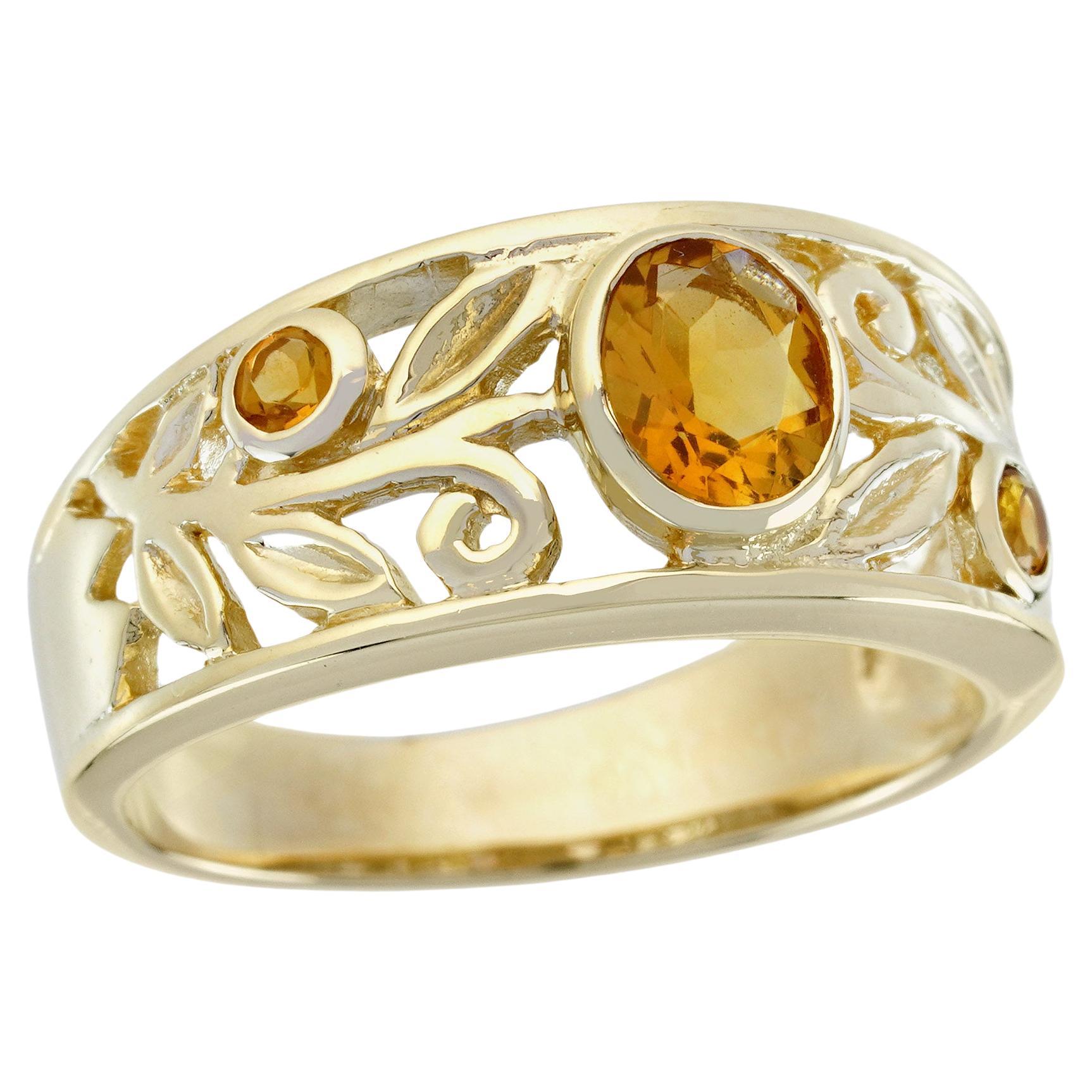 Natural Citrine Vintage Style Carved Band Ring in  9K Yellow Gold